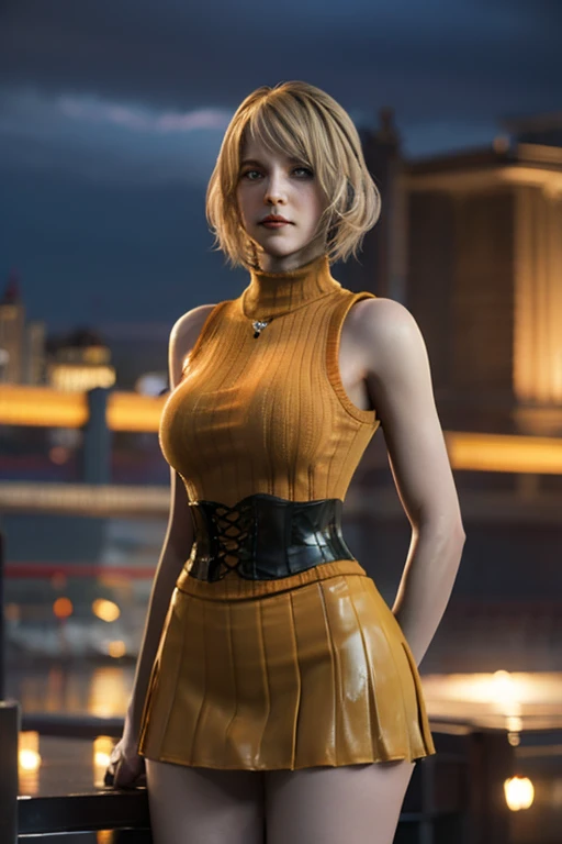 tmasterpiece, beste-Qualit, Direct view, the most beautiful Mexican 1girl 25 years old, (photo-realistic: 1.4), Huge yellow eyes, (Half-body shot:1.3), white colored hair, bent over, arched forward, ((Body Half Sideways)), looks at the viewer, Average Breasts, suntanned skin, a necklace, Short Hair Hair, (Yellow transparent jacket on bare body:1.2), official arts, Unity 8k壁纸, Ultra-detailed, Beautiful and aesthetically pleasing, tmasterpiece, (Imitation of oil smears:1.3), Elegant, bright colours, romanticism, Depth of field, ((cinematic)),