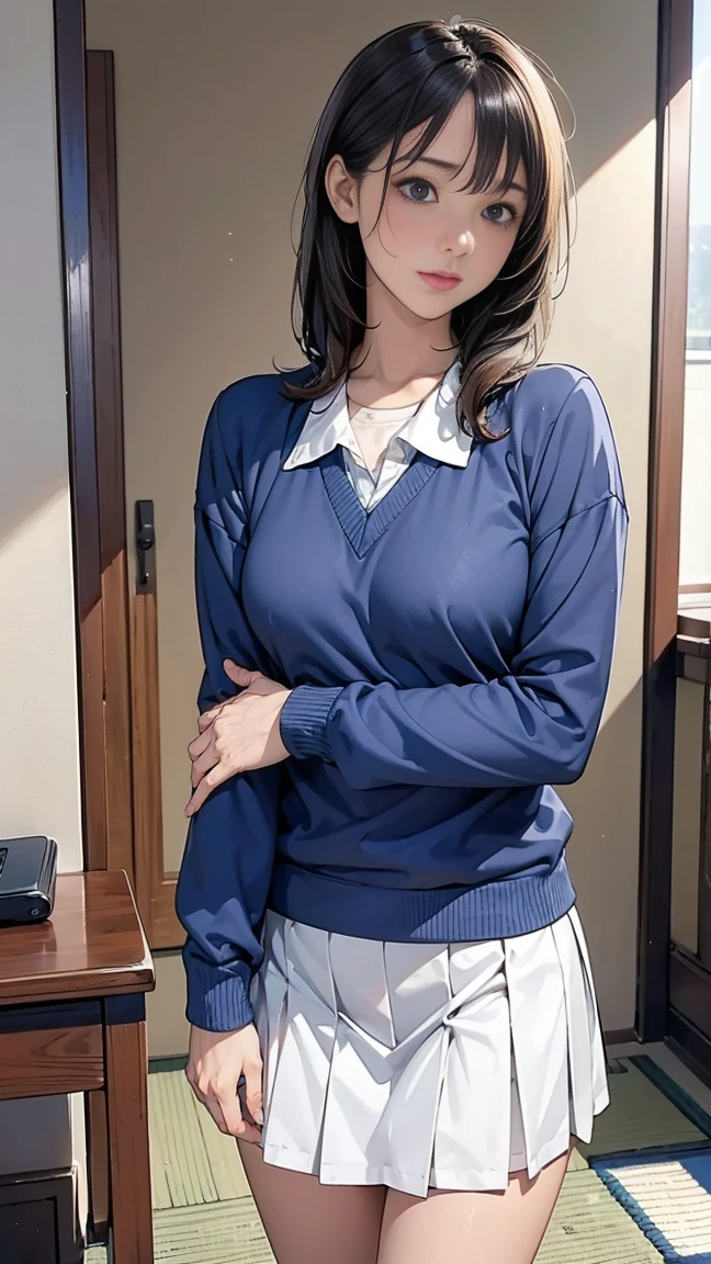 ((A photo of her panties showing through a short polo shirt、Hands roll up shirt、She is wearing a navy polo shirt and luxurious white panties.、:1.4))、Being in the living room、Length cream hair color、Her huge breasts are obvious even through her clothes..、Small earrings、Light brown hair color、:1.4））、Shiny Hair、Light beige hair color、Background Blur、Light brown hair、｛｛Cowgirl Shot｝｝、（（Close-up shot from the waist up、Big Breasts:1.4））、Big Breasts、にっこりsmile、服からでも分かるBig Breasts、Cowboy Shot、素敵なsmile、（（Revealing clothing））、Full body photo、ring、Tuck your hair behind one ear、Silver Necklace、smile、Caustics、Highly detailed photos、Big Breasts、Super no makeup、(8K、RAW Photos、Highest quality、masterpiece:1.2)、(Realistic、Realistic)、1 Girl、((Big Breastsショートヘア、Looking into the camera:1.4))、Hair blowing in the wind
