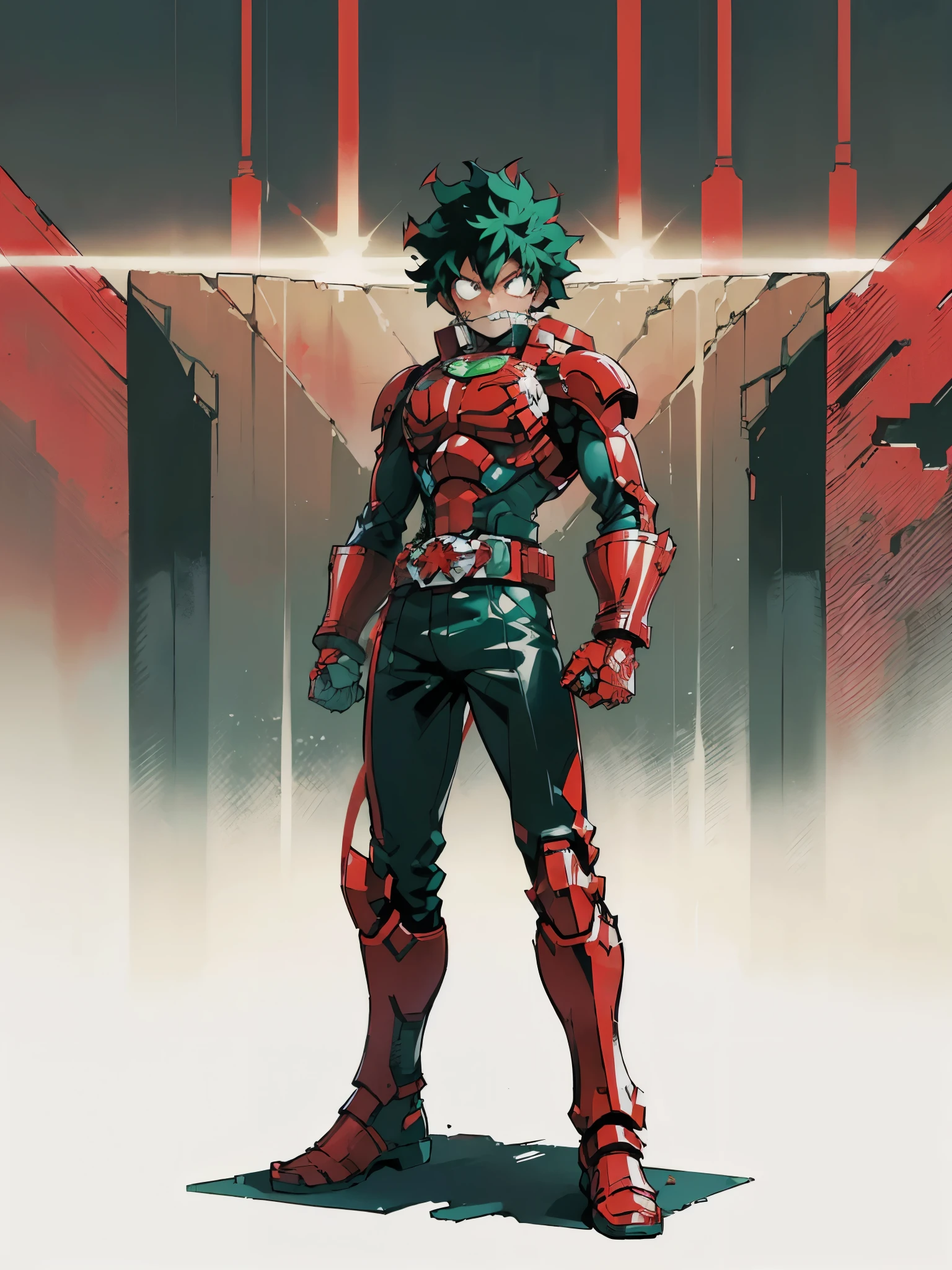 (My Hero Academia Style), ((Izuku Midoriya)), ((The Chapulín Colorado)), (Red armor), (antennas), ((Cyberpunk war hammer)), (red war hammer), ((red combat armor)), ((military combat armor)), (combat armor), (looking at viewer), (full body photo: 1.5), (perfect hands), (perfect anatomy), 