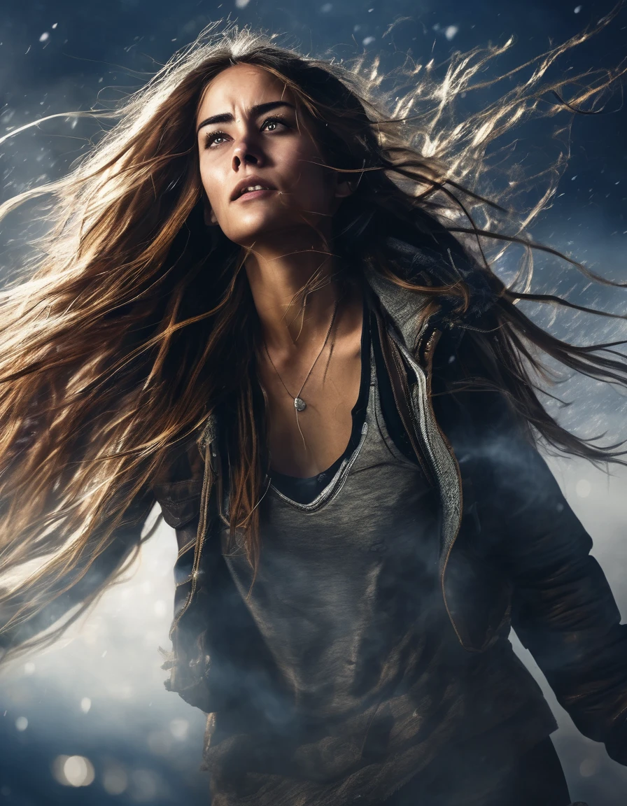 a young woman falling rapidly from a high altitude, detailed facial features, long flowing hair, tattered clothing, sense of danger and adrenaline, dramatic lighting, moody and intense atmosphere, cinematic composition, highly detailed and photorealistic, digital art, concept art style, blurry light particles