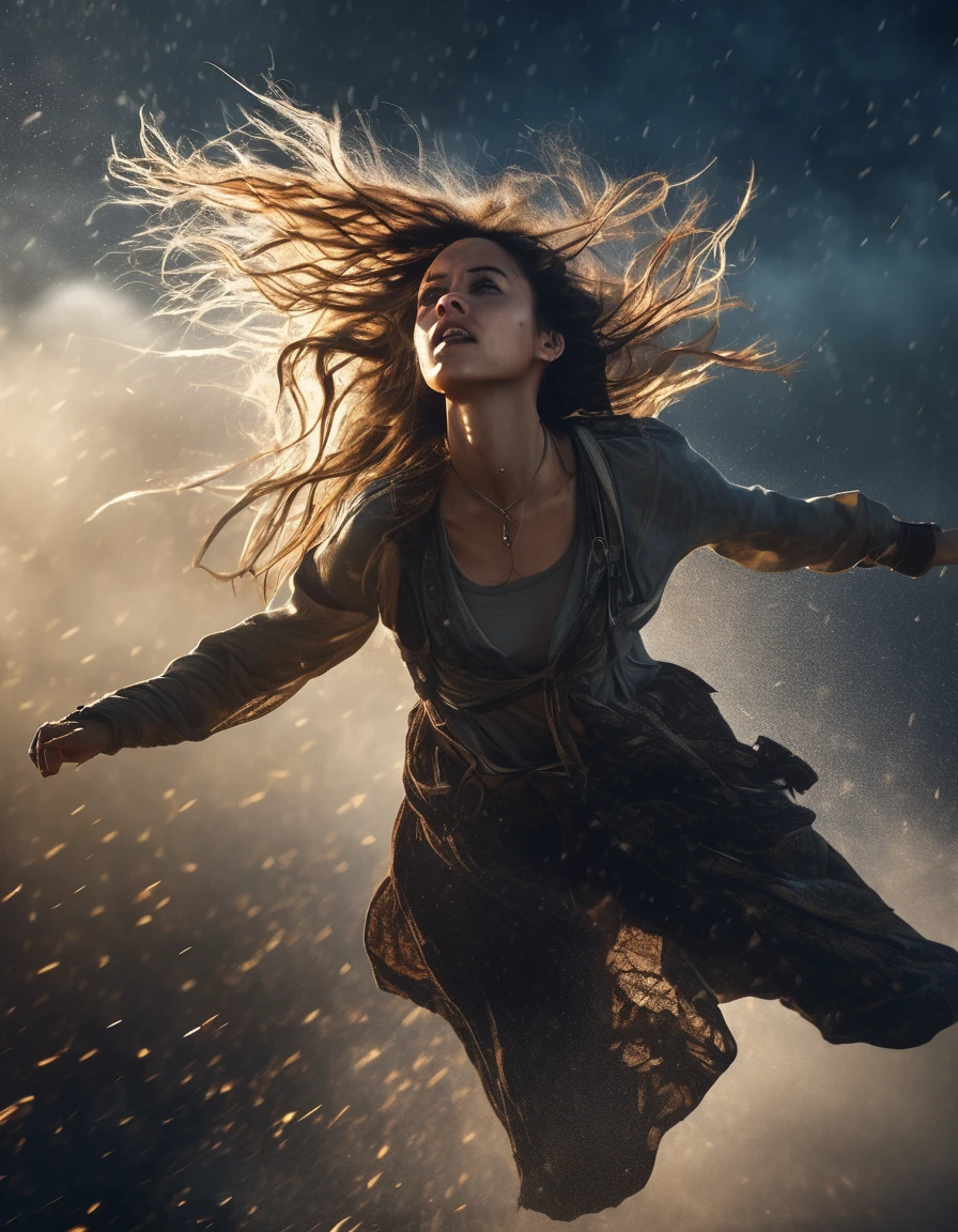 a young woman falling rapidly from a high altitude, detailed facial features, long flowing hair, tattered clothing, sense of danger and adrenaline, dramatic lighting, moody and intense atmosphere, cinematic composition, highly detailed and photorealistic, digital art, concept art style, blurry light particles