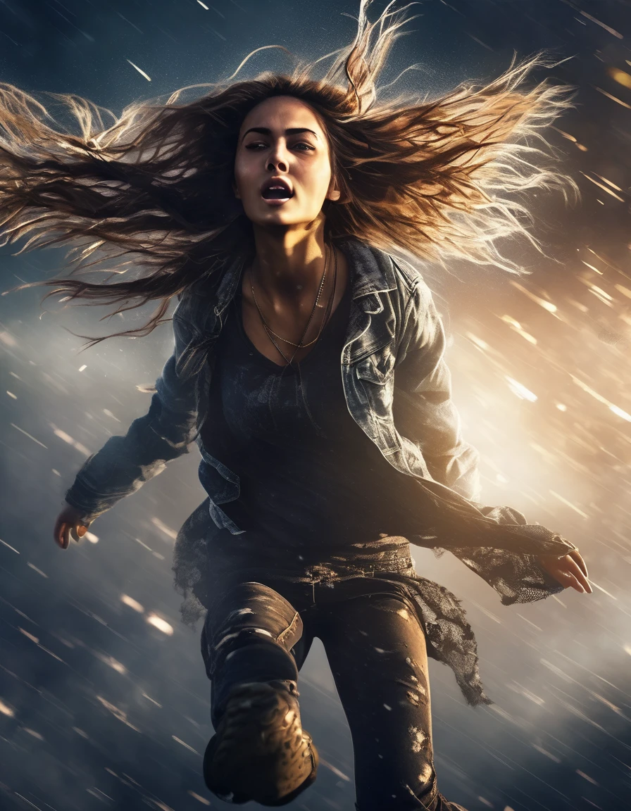 a young woman falling rapidly from a high altitude, detailed facial features, long flowing hair, tattered clothing, sense of danger and adrenaline, dramatic lighting, moody and intense atmosphere, cinematic composition, highly detailed and photorealistic, digital art, concept art style, blurry light particles