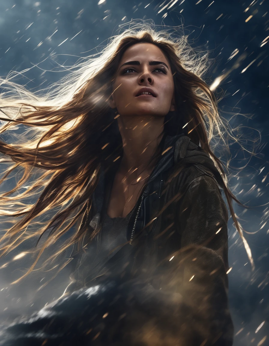 a young woman falling rapidly from a high altitude, detailed facial features, long flowing hair, tattered clothing, sense of danger and adrenaline, dramatic lighting, moody and intense atmosphere, cinematic composition, highly detailed and photorealistic, digital art, concept art style, blurry light particles