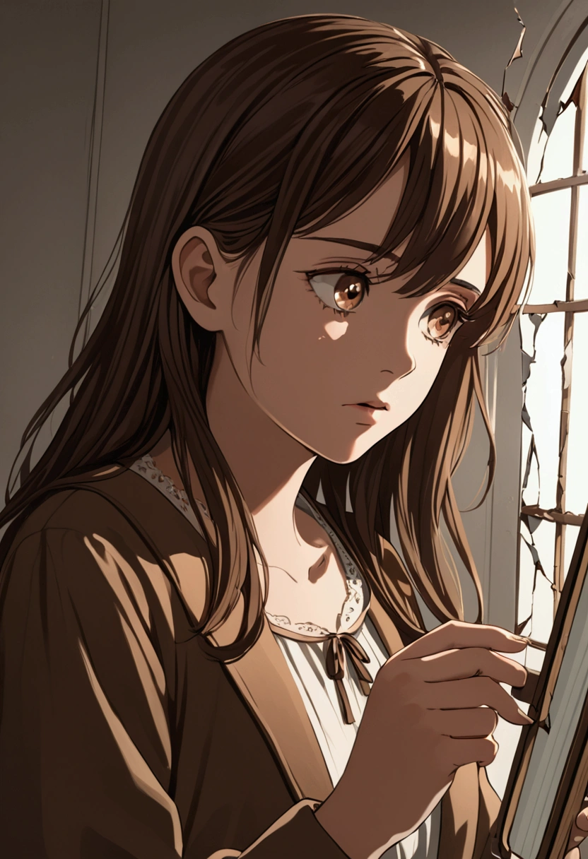  a Brown-haired Girl with Brown Eyes,With a Somewhat Broken Diary , Looking in a Broken Mirror 