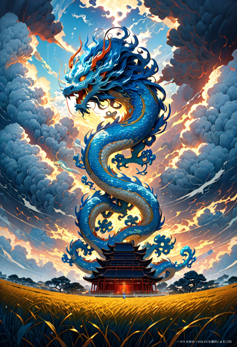 (The main subject: wide wide shot), The flame  light blue,[Multicolored,(Chinese dragon anthropomorphism)], safe,dramatic clouds,(Go deep into the fields), Rich details​, (Wide sky), (sense of vastness),Energy and vitality, Complicated details.(Best quality, A high resolution, tmasterpiece:1.2), (actual:1.37), HighDynamicRange。