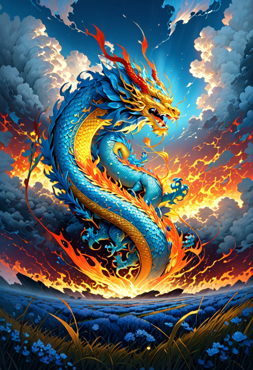 (The main subject: wide wide shot), The flame  light blue,[Multicolored,(Chinese dragon anthropomorphism)], safe,dramatic clouds,(Go deep into the fields), Rich details​, (Wide sky), (sense of vastness),Energy and vitality, Complicated details.(Best quality, A high resolution, tmasterpiece:1.2), (actual:1.37), HighDynamicRange。