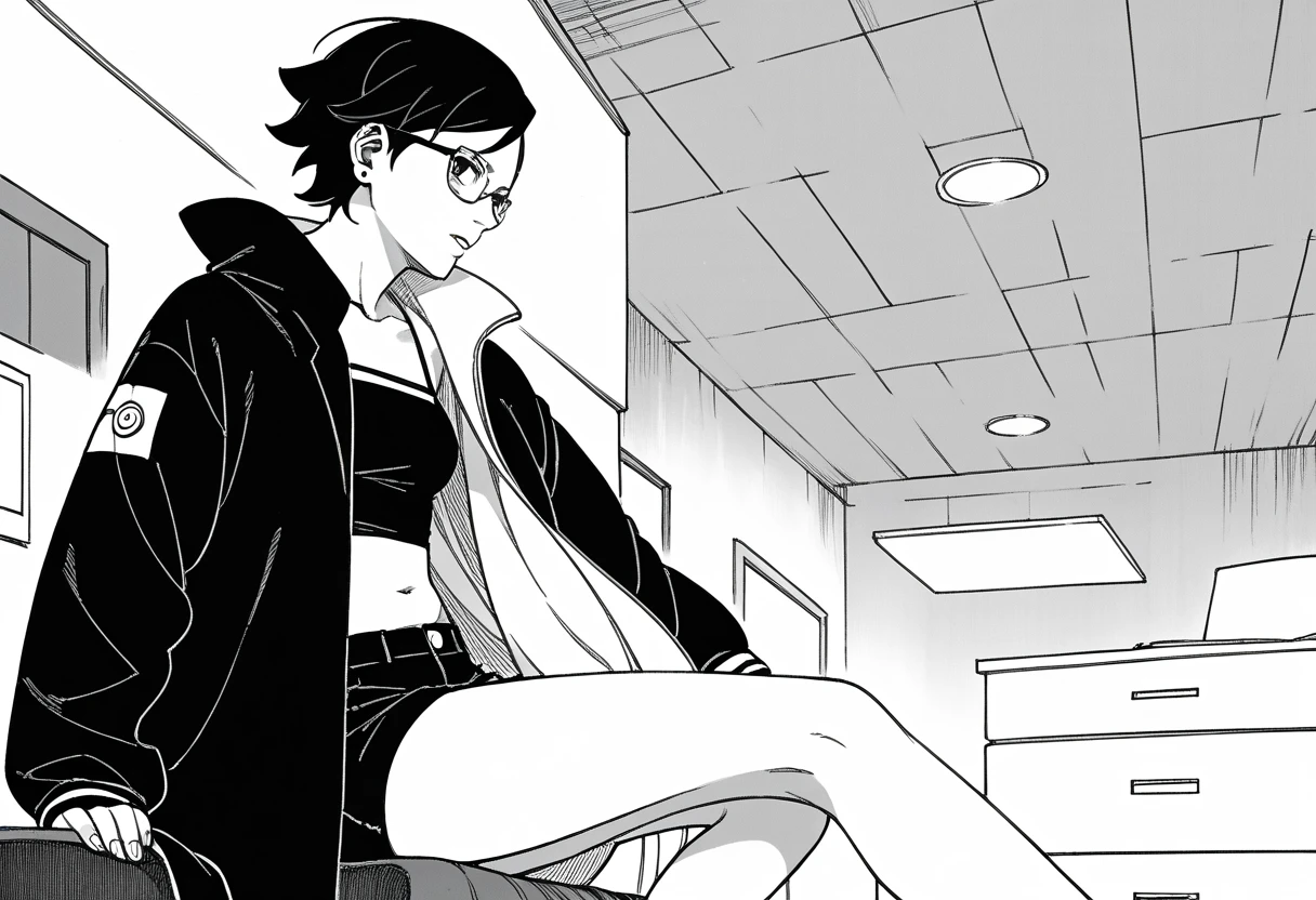 Nsfw, monochrome, manga_source, best background, detailed background, manga, grayscale, uchiha sarada, boruto_two_blue_vortex, post timeskip, Uchiha_sarada, solo, black hair, short hair, glasses, beautiful body, medium breasts, sexy legs, mikio ikemoto style, black crop_top, navel, open coat, black tiny shorts, empty bubble spech, hokage's office, side view, sex