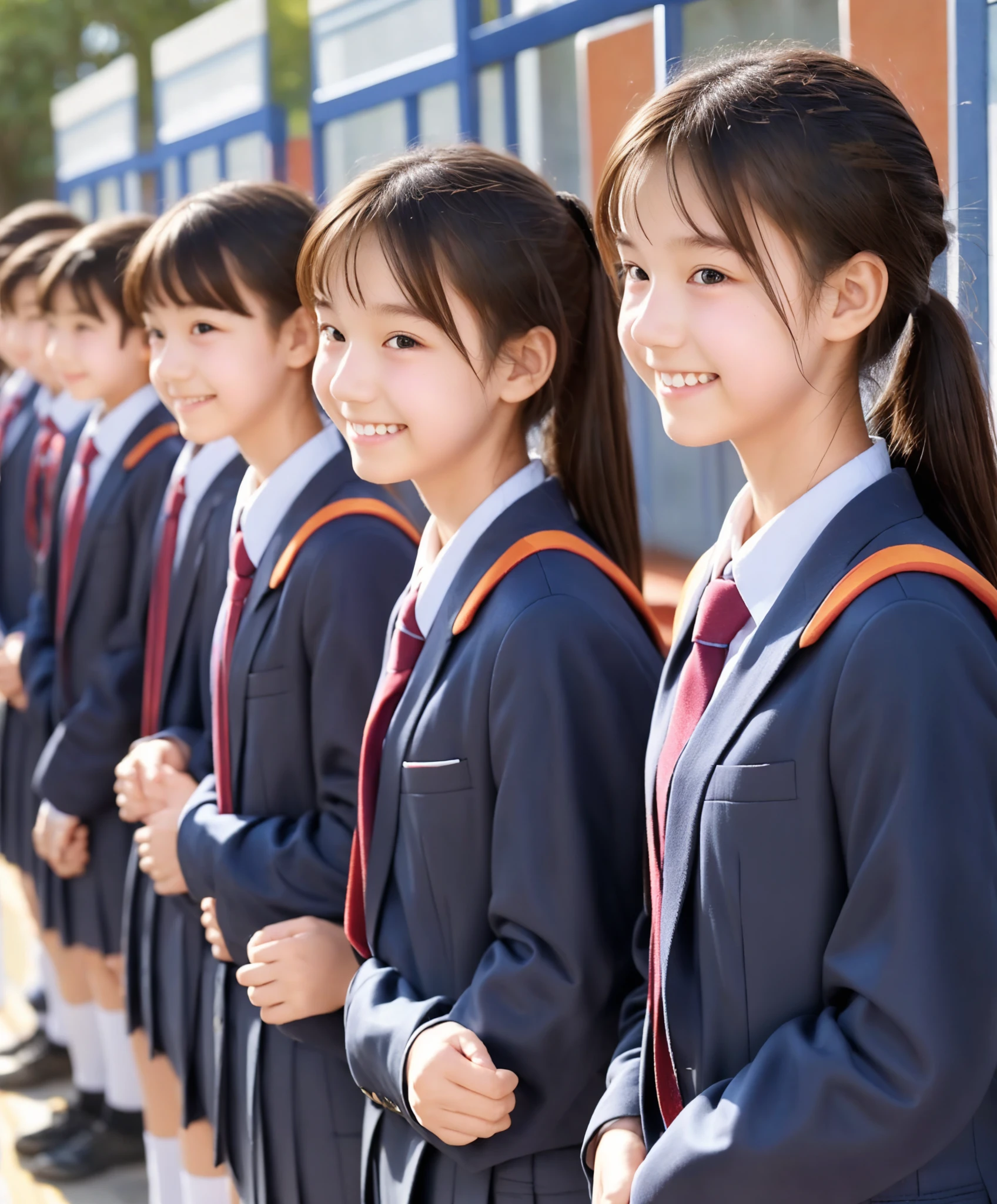  s,Middle school students quietly line up before entering the classroom,cute, Masterpiece, Details,smile