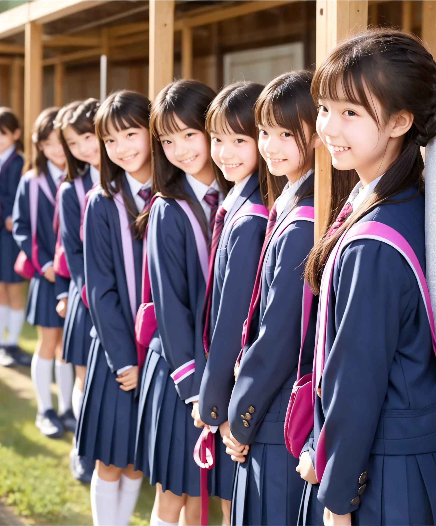  s,Middle school students quietly line up before entering the classroom,cute, Masterpiece, Details,smile