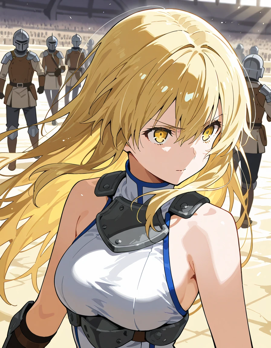  Masterpiece 、 top quality、score_9、score_8_up、score_7_up break 1young girl, No Emotion, Eyes Wallenstein,  long hair, Blonde,  hair between eyes,  yellow eyes,Combat Uniform, white dress,  Sleeveless, Bare shoulders,break (Ancient Arena , intense battle with enemies, warrior, tense, weapons, spectators, historical),break upper body
