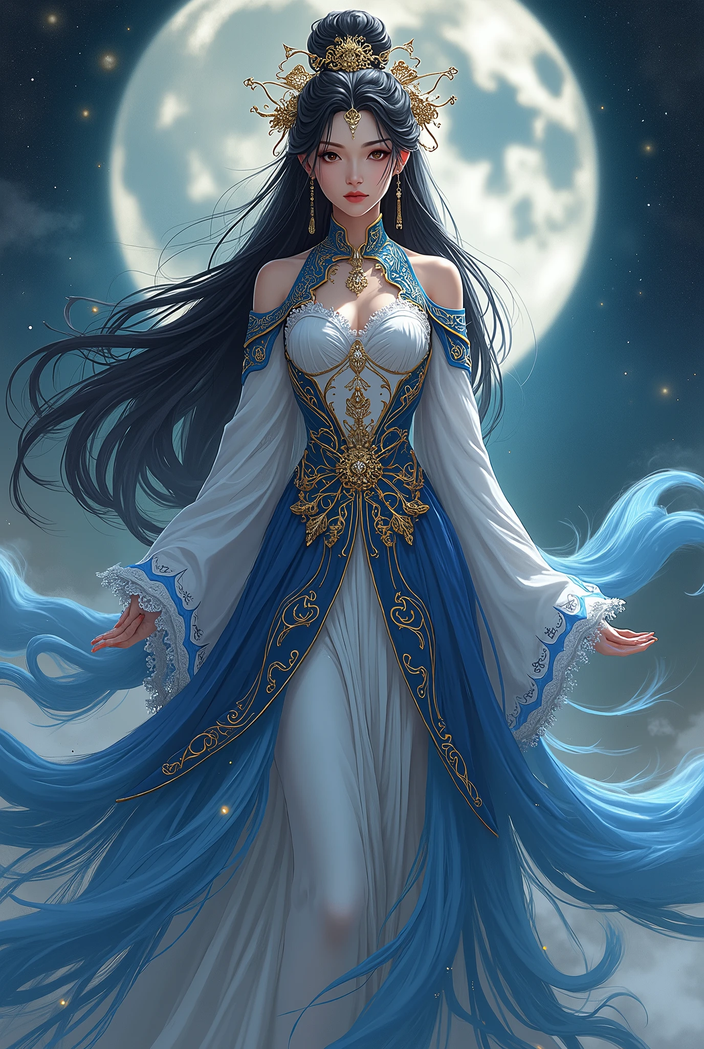  beautiful女性,  long black hair, The greatest goddess, whole body, Beautiful,  beautiful,  space facing directly opposite each other, earrings, Chinese style costume, Mysterious Outfit , blue gold silver yellow white ,  looking at me,  high image quality,  Masterpiece, 8k high resolution,  anime style ,  fantasy background, Realistic Background, 