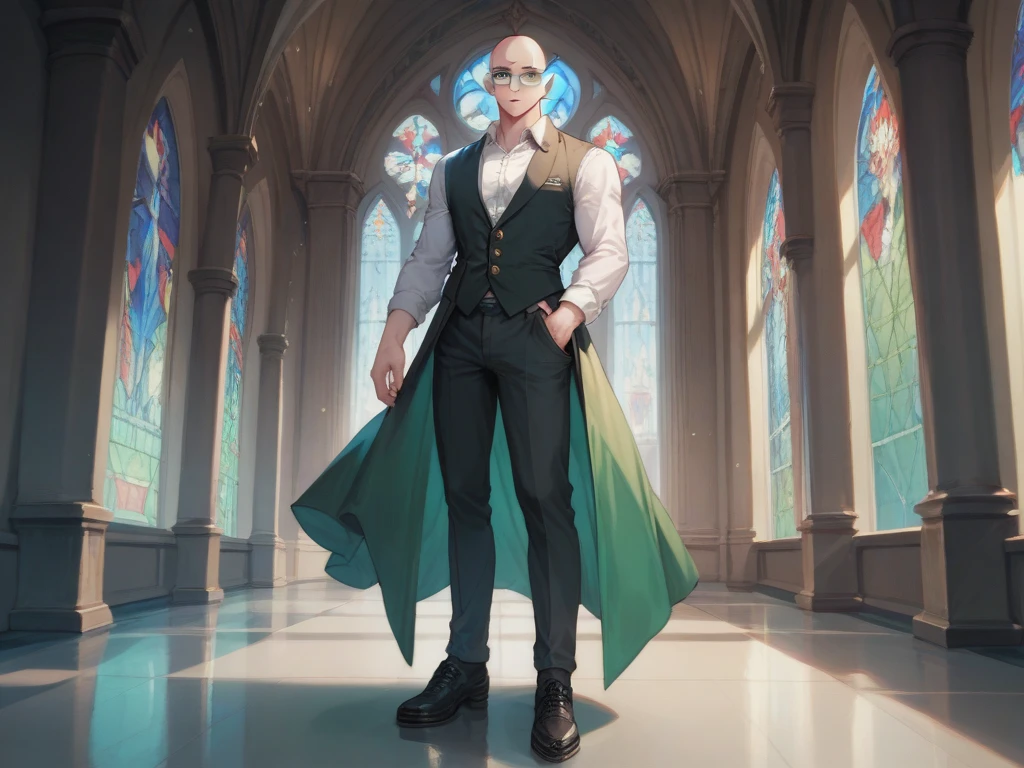 Adult man, bald, pale skin, athletic body, glasses, blue eyes, wearing a black vest over a green dress shirt and black dress pants with shoes, scene inside the corridors of a castle, art style dark anime