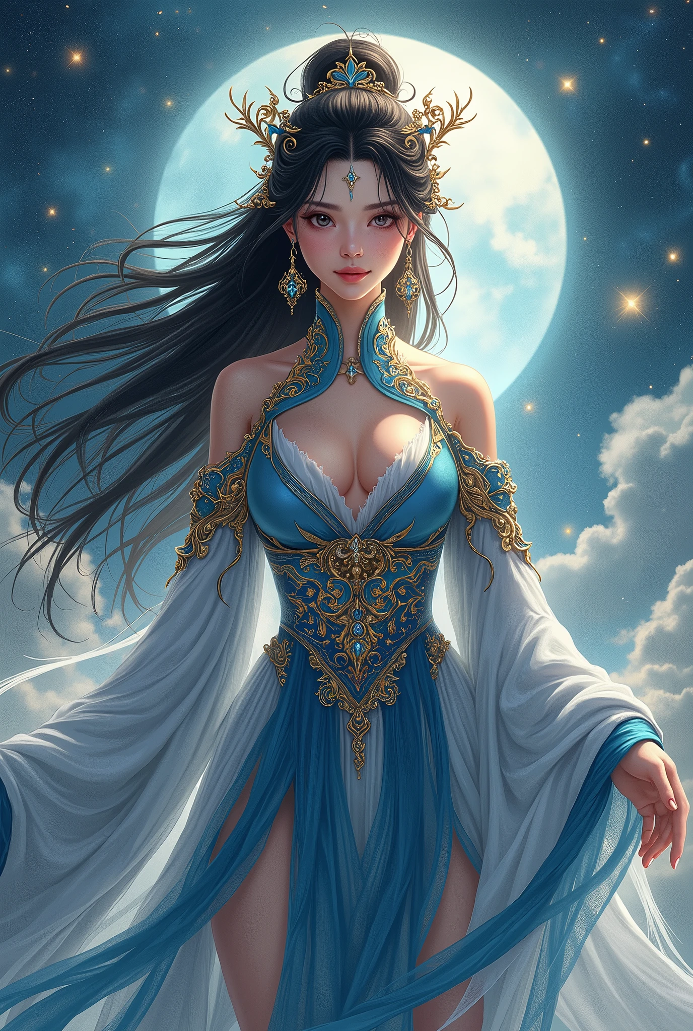 In the quiet stillness of the night, a black haired fairy of the moon sits upon her shimmering bedazzled crescent throne, her eyes alight with wonder as she watches a single star shoot across the sky. The stellar winds blow hot and cold, carrying her thoughts and dreams to the far reaches of the universe, much jewelry, topiary, filigree, beautiful silken dress, lacey accessories, time, full beautiful hair, beautiful eyes, swirling curling twirling beautiful fluffy hair, slightly light red blue moon colored gown,