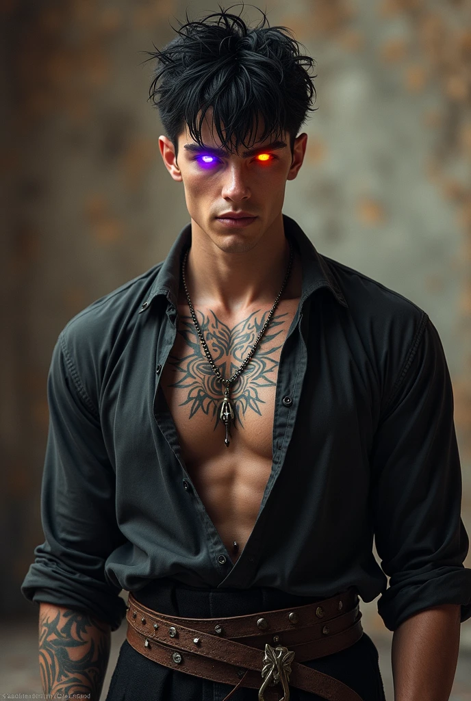 A man with hair as black as the night runs down her body to her waist. Two serrated horns adorn the oval head on both sides.; Both horns are half a foot long and look absolutely menacing.. His skin is pale white, The eyebrows are as sharp as a sword and his face is devilishly attractive., His eyes were a crimson red and where the white part of the eyes should be, It was completely black. He had a well-defined nose and mouth., Two tusks protruded from its upper jaw.
The reflected body was quite tall, slim and compact, with muscles.
Two black tribal tattoos, as a complex set of runes, They adorn both sides of his chest and extend to his hands.. A deep black orb protruded from the center of his chest..
Her upper half was completely naked, with only simple pants that reached his feet protecting the little dignity he had left.