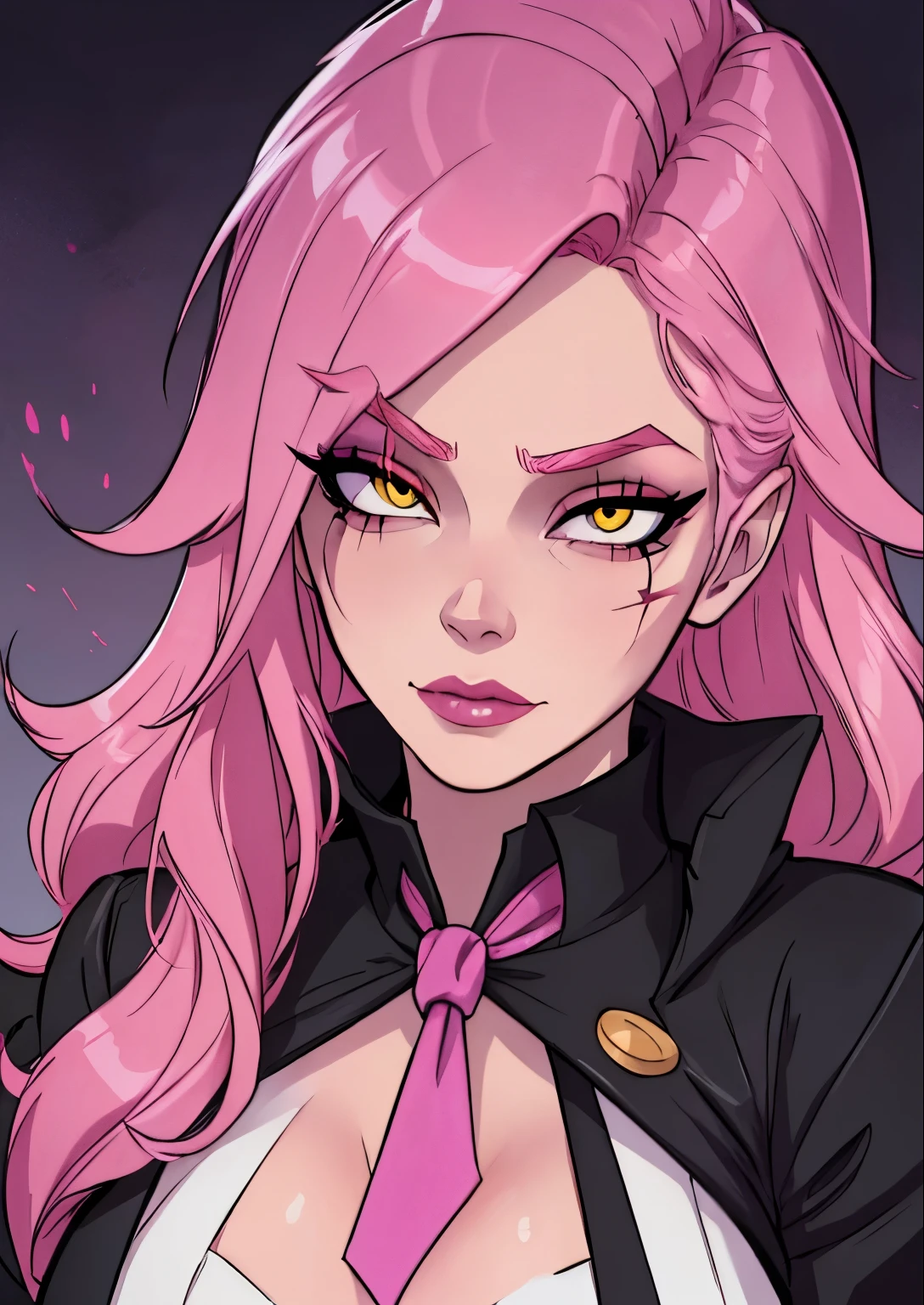 masterpiece, best quality, 1female, beautiful, face portrait, deep makeup, 1girl, face focus, long hair, pink hair, messy hair, goth, scar over eye, makeup, pale skin, academiaKat, yellow eyes, detailed, necktie