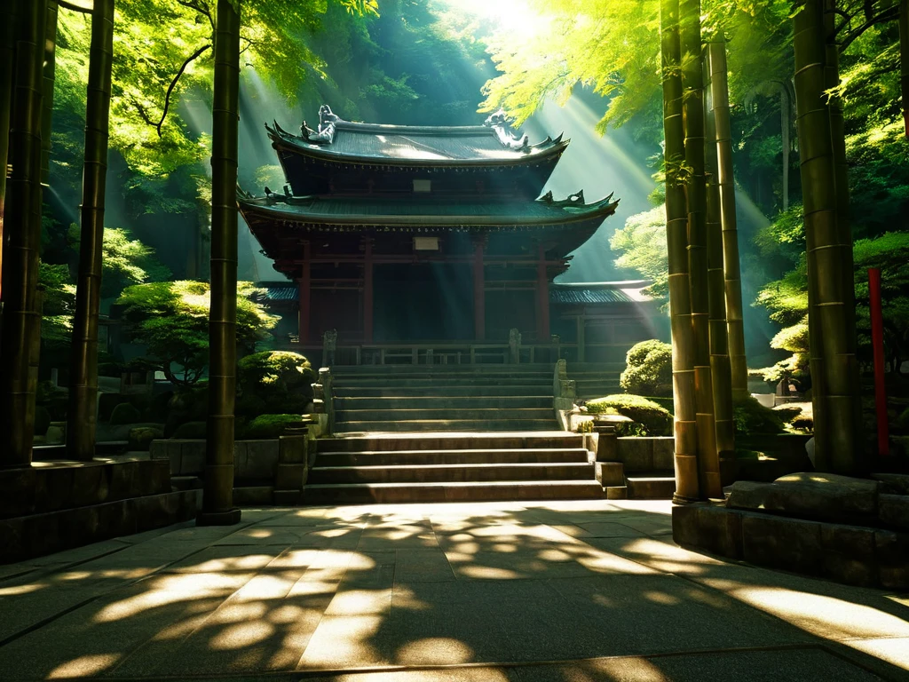  Japanese Scenery,  sunlight filtering through the trees, solemn , Mysterious, aura,temple , realistic,  real