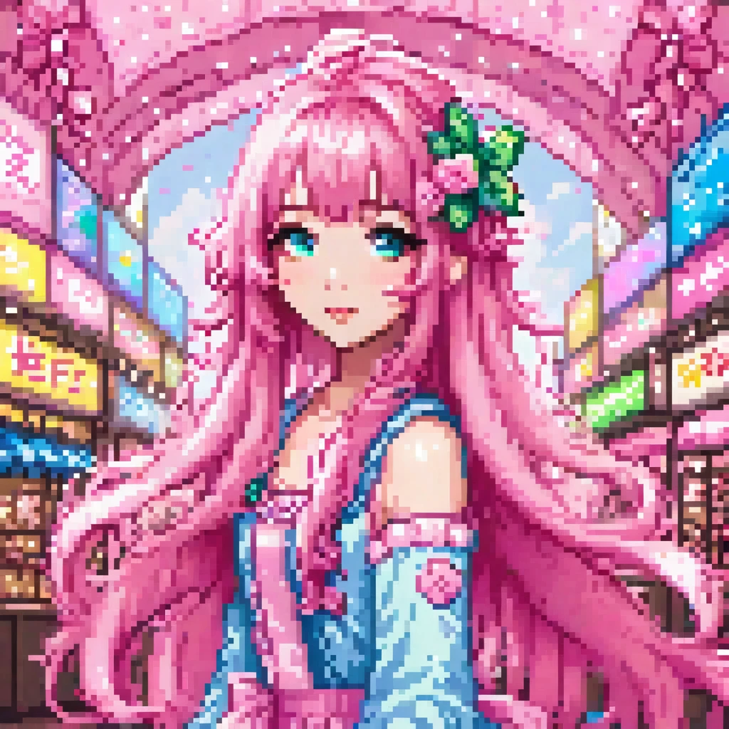 pixel, score_9, score_8_up, score_7_up, score_6_up, score_5_up, score_4_up, cute anime,there is a woman with pink hair and pink bows on her head, belle delphine, pink straight hair, pink twintail hair and cyan eyes, wearing pink hair bow, with pink hair, long flowing pink hair, fairycore, pink wispy hair, kawaii aesthetic, anime girl cosplay, anime inspired, flowing pink hair, pink girl