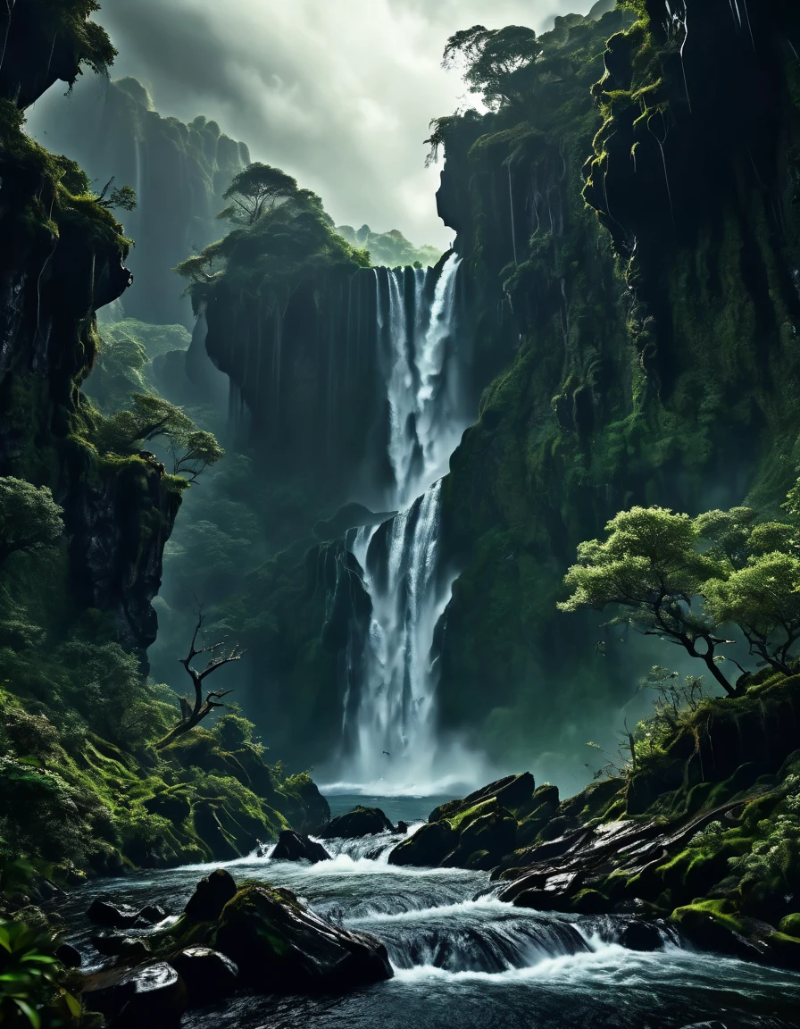 intricate detailed illustration, dramatic dark fantasy landscape, vast ominous cloudy sky, sharp rocky cliffs, deep ravine, plunging waterfall, cascading water spray, lush green foliage, old twisted trees, silhouetted figures falling rapidly, dynamic action pose, cinematic lighting, moody atmospheric colors, chiaroscuro shading, (best quality,8k,highres,masterpiece:1.2),ultra-detailed,(realistic,photorealistic,photo-realistic:1.37), blurry light particles