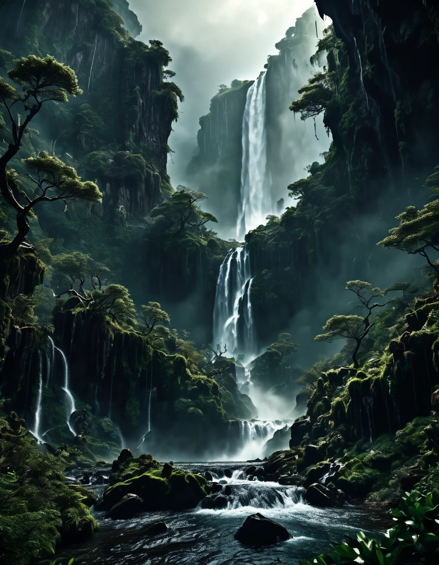 intricate detailed illustration, dramatic dark fantasy landscape, vast ominous cloudy sky, sharp rocky cliffs, deep ravine, plunging waterfall, cascading water spray, lush green foliage, old twisted trees, silhouetted figures falling rapidly, dynamic action pose, cinematic lighting, moody atmospheric colors, chiaroscuro shading, (best quality,8k,highres,masterpiece:1.2),ultra-detailed,(realistic,photorealistic,photo-realistic:1.37), blurry light particles