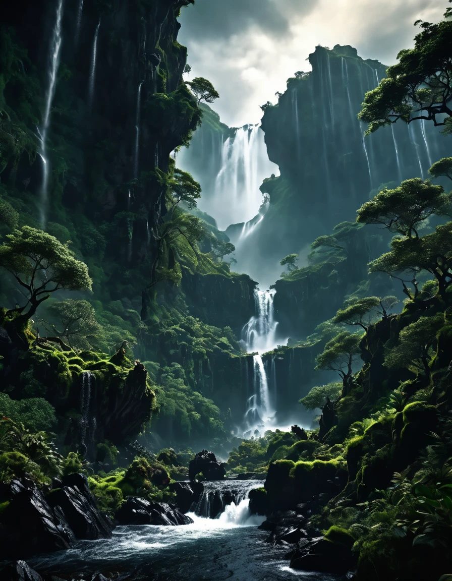 intricate detailed illustration, dramatic dark fantasy landscape, vast ominous cloudy sky, sharp rocky cliffs, deep ravine, plunging waterfall, cascading water spray, lush green foliage, old twisted trees, silhouetted figures falling rapidly, dynamic action pose, cinematic lighting, moody atmospheric colors, chiaroscuro shading, (best quality,8k,highres,masterpiece:1.2),ultra-detailed,(realistic,photorealistic,photo-realistic:1.37), blurry light particles