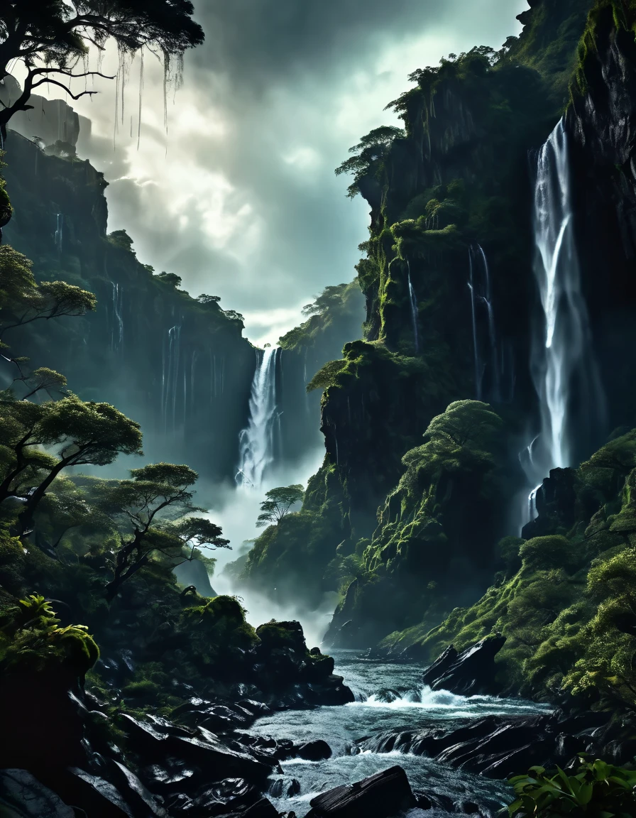 intricate detailed illustration, dramatic dark fantasy landscape, vast ominous cloudy sky, sharp rocky cliffs, deep ravine, plunging waterfall, cascading water spray, lush green foliage, old twisted trees, silhouetted figures falling rapidly, dynamic action pose, cinematic lighting, moody atmospheric colors, chiaroscuro shading, (best quality,8k,highres,masterpiece:1.2),ultra-detailed,(realistic,photorealistic,photo-realistic:1.37), blurry light particles