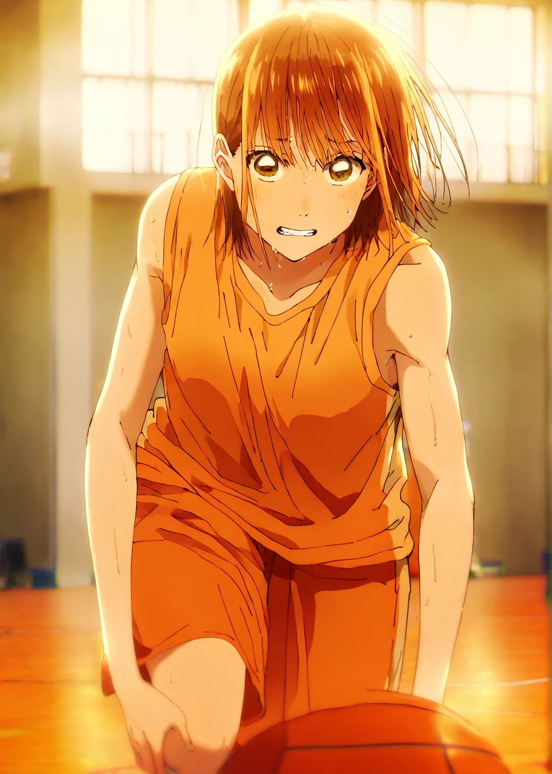    1 girl, Alone, Chinatsu,    Blurry Background,    brown eyes、    basketball uniform with a basketball in one hand 、    tank top、Bibs、 Inside is black 、naked 、  skindent 、    chest supported by large areolas  、   lean forward  、   place your hands on your knees、   small 、belly button、Gym、    Basketball Only   、 watching viewers, masterpiece,  top quality,    High Quality  ,       very aesthetic   ,    absurd、(    Basketball Only   、side、side汗、  dribble、Move)、execution、  hopeless、   sweated、In motion、basketball ring  、((Basketball game、 sweaty、Move線、 scattered sweat 、Competitive、 rugged face、 clenching teeth 、Desperate Face)) 