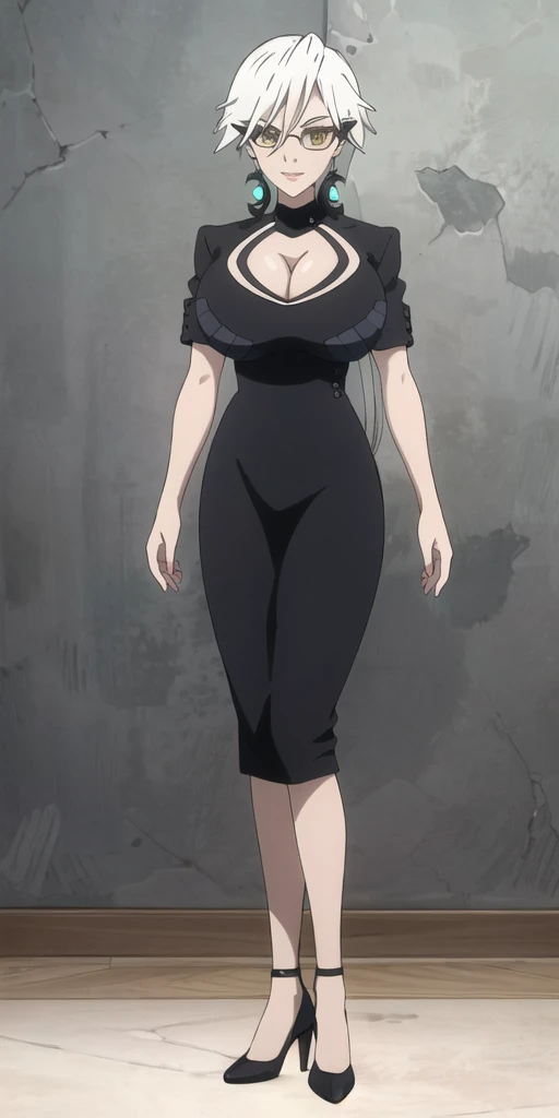 masterpiece, high quality, best quality, 1girl, (muscular:1), muscles, abs, biceps, thighs, obliques, abs lines, naval, thighs, fit, (super gigantic breasts), buffed, (closed mouth, half smile), harukagracia, eyeglasses, white hair, long hair, large breasts, cleavage cutout, clothing cutout, crescent moon earrings, yellow eyes, black dress with white trims, black heels, lipstick, ponytail, makeup, white background, anime screencap, anime key visual, full body <lora:HarukaGracia:1>