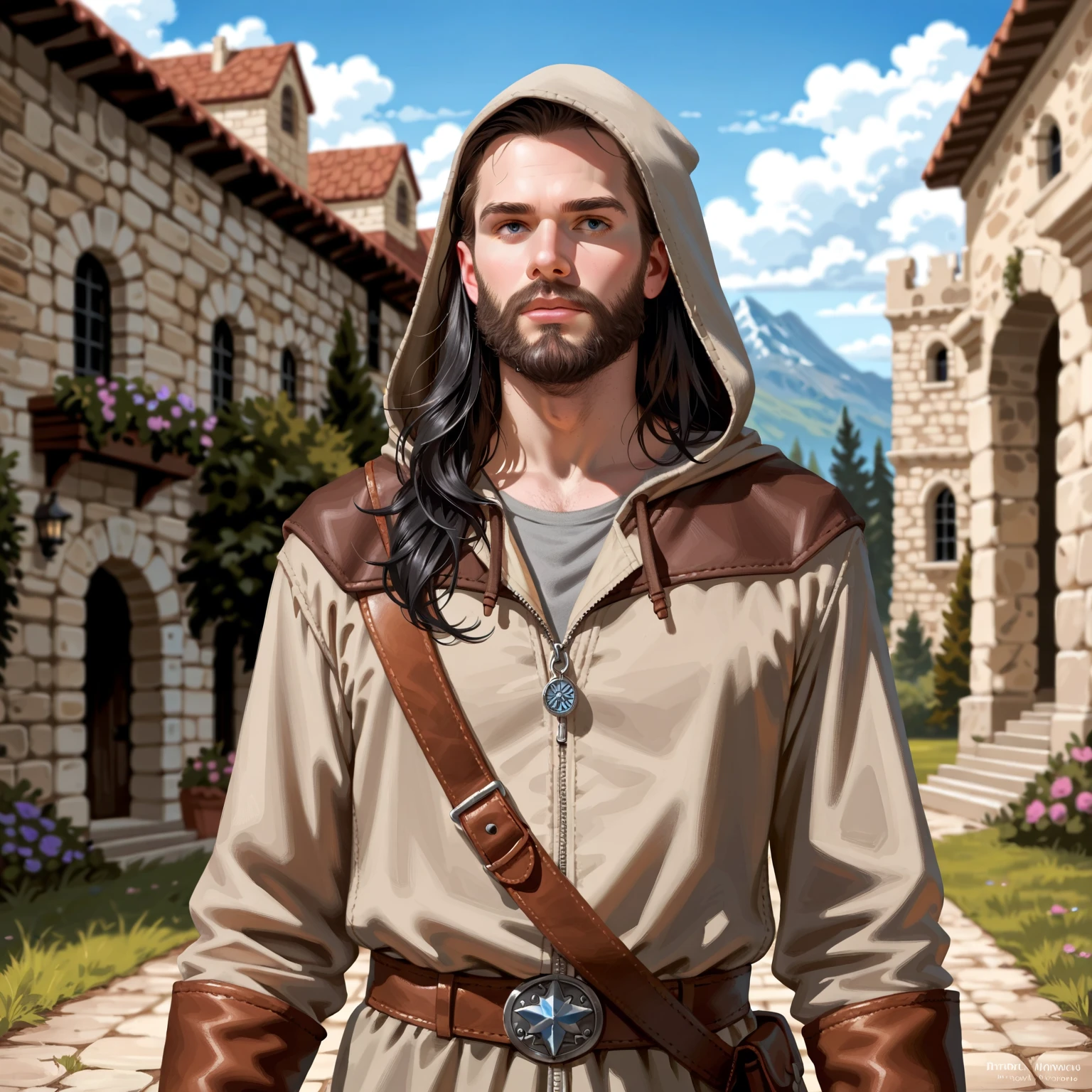 Portrait of a (male) human ranger, front view, (medium shot:1.3), one person standing, tall and slender build, (long black hair and beard:1.3)
BREAK
grey eyes
BREAK
pale skin
BREAK
wearing fantasy world costume of (hooded grey clothing:1.5) over (brown leather:1.1) armor, realistic background of a fantasy world, (Dungeons_and_Dragons:1.2), (Game_of_Thrones), castle stone ruin, realistic, (photorealistic:1.3), light reflection