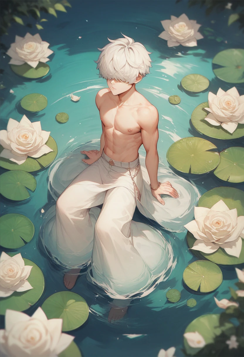 ((best quality)), ((masterpiece)), (detailed), perfect face in the lotus pond,A man with fair skin and long blond hair looks very handsome,Naked to the waist, lying in the water and cuddling with a dark-skinned, dark-haired man,The water wrapped around them like silk,There are water lilies floating on both sides of the water,There is a golden dragon surrounding him,The dragon's tail is looming on the water