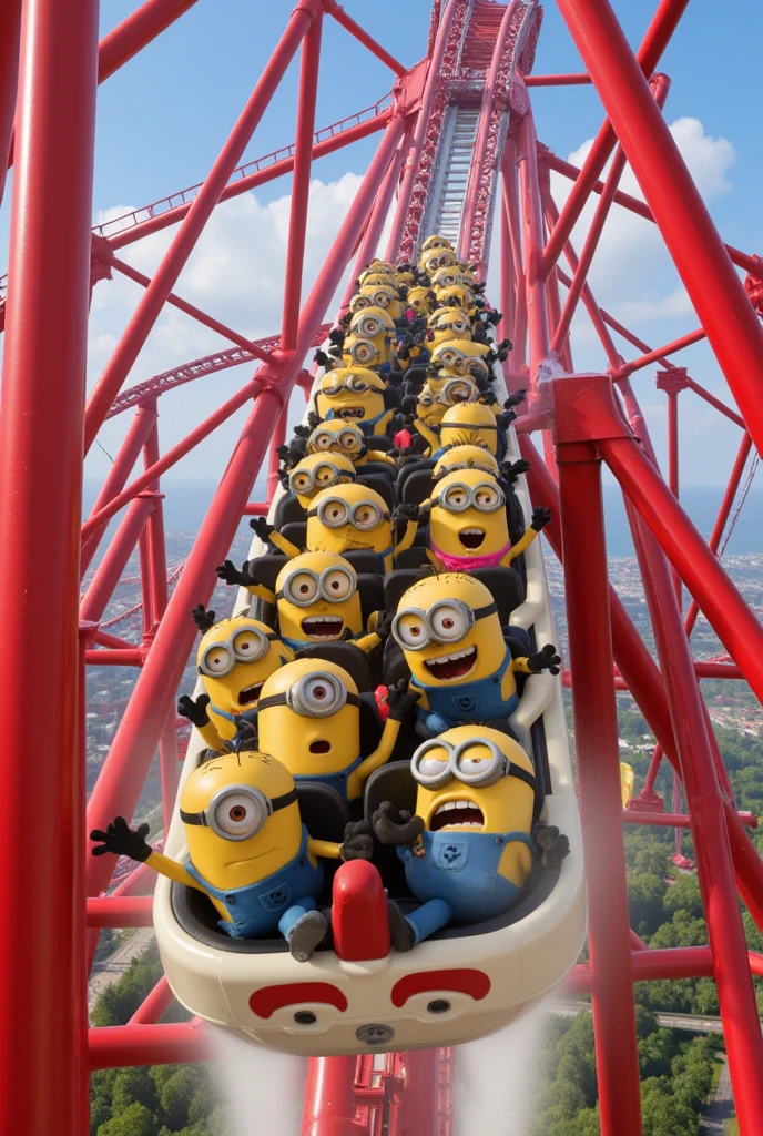  image of a huge reddish roller coaster and a trolley with minions holding on the seats with their arms outstretched, They are with their feet up being sucked out of the cart in the inertia of the car's rapid descent , They have a desperate face , pixar style 3D image