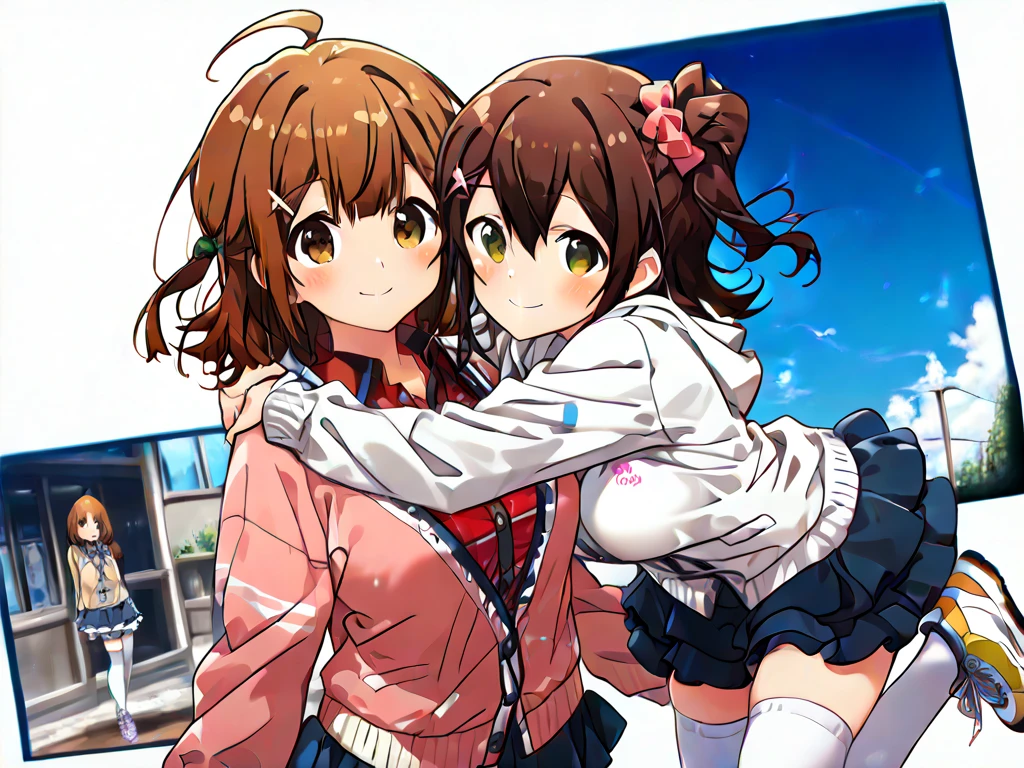 2 girls, delicate, upper body, masterpiece, masterpiece,best quality,2girls,leaning on each other,upper body,blue sky, AND 2girls,leaning on each other, Highest quality, 2 people girls, 2 people only, 2 people, (hug), chest to check, looking at viewer, 
White Background, Flat Color, sketch
(masterpiece、Highest quality、Very detailed)), smile, looking viewer,
BREAK
(((cute, kasuga mirai, brown hair, yellow eyes, white hoodie, red check shirt, blue denim skirt))), 
BREAK
(((hanami ume, brown eyes, brown hair,medium hair, hair bun,ahoge,school uniform, cardigan,dress shirt,layered skirt,white thighhighs,sneakers cute, Large Breasts))), 
