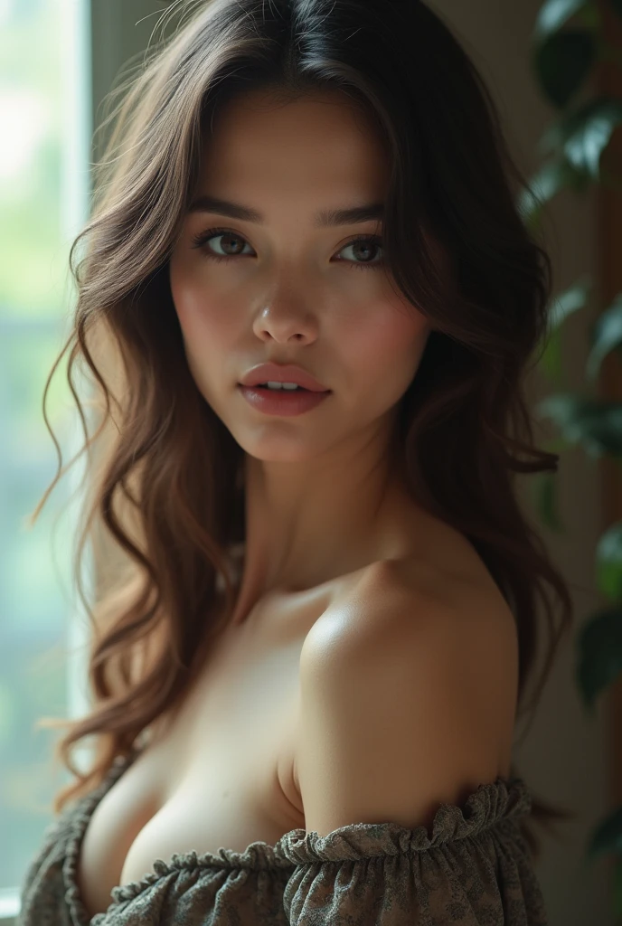 Beautiful 20 yo girl, totally naked, topless,  medium tight breasts, erect nipple, glossy skin, shining skin, detailed highlights, pubic hair, 8k photography, ultra realistic, hyper detailed, cinematic lighting, cinematic color grading, low key photo, rim light, side light, dramatic lighting, tight body,