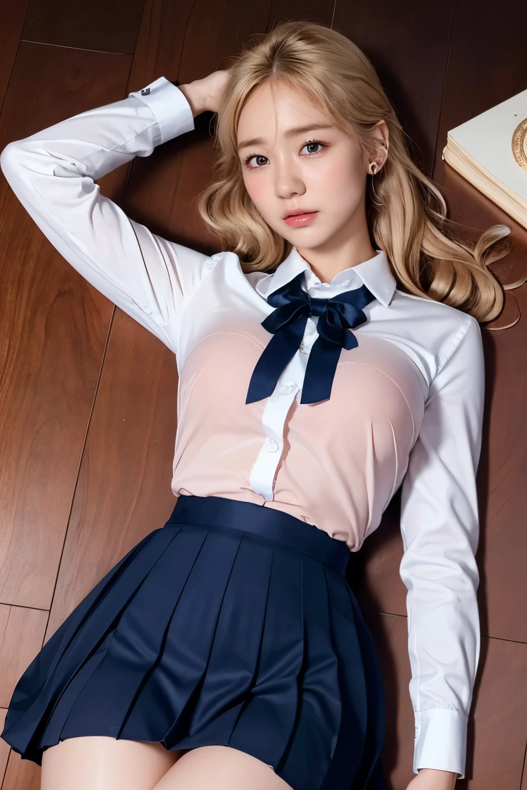beautiful detailed eyes, beautiful detailed lips, extremely detailed face and hair, High ponytail, long eyelashes, soft light, warm lighting, perfect face, porcelain skin, golden hour lighting, (best quality,4k,8k,highres,masterpiece:1.2),ultra-detailed,(realistic,photorealistic,photo-realistic:1.37),classroom, wooden floor,( lying, on back:1.5),arms up, kneehighs, high school girl, Navy blue Pleated Skirt, White Dress Shirt, Long sleeve, Bow Ribbon, (embarrassed,blush:1.3),cowboy shot,blonde hair