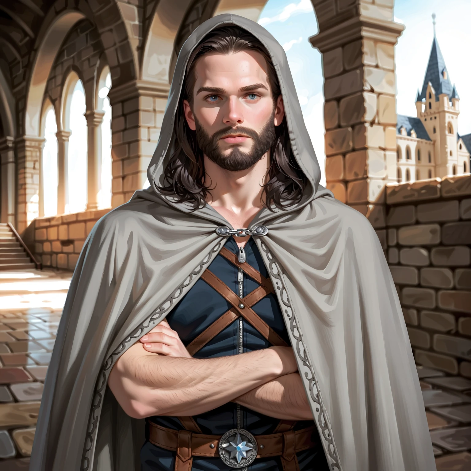 Portrait of a (male) human ranger, front view, (medium shot:1.3), one person standing, tall and slender build, (long black hair and beard:1.3)
BREAK
grey eyes
BREAK
pale skin
BREAK
wearing fantasy world costume of a (grey hooded cloak:1.5) over (tan leather:1.1) armor over (grey fantasy clothing:1.5), realistic background of a fantasy world, (Dungeons_and_Dragons:1.2), (Game_of_Thrones), castle stone ruin, realistic, (photorealistic:1.3), light reflection