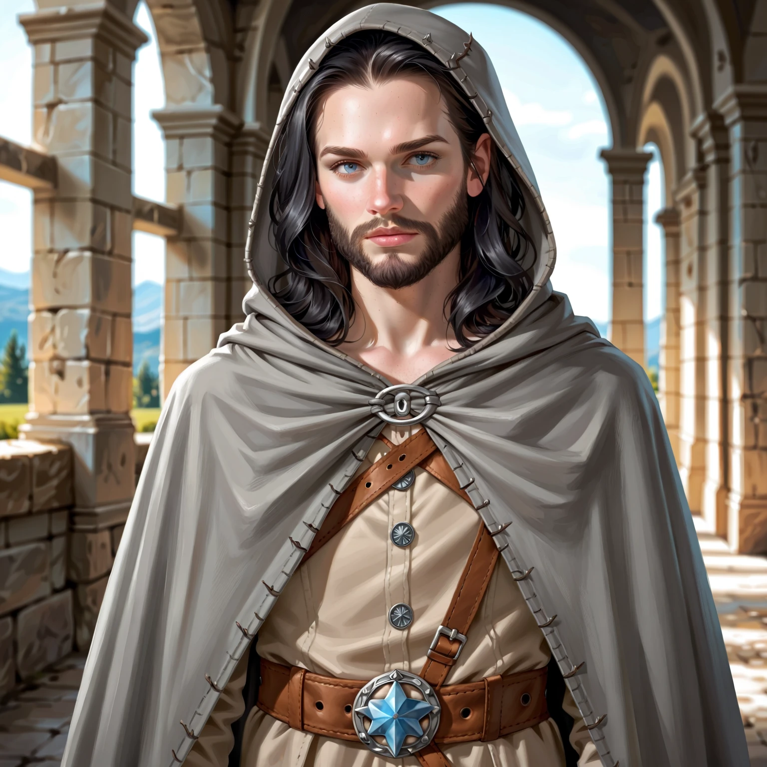 Portrait of a (male) human ranger, front view, (medium shot:1.3), one person standing, tall and slender build, (long black hair and beard:1.3)
BREAK
grey eyes
BREAK
pale skin
BREAK
wearing fantasy world costume of a (grey hooded cloak:1.5) over (tan leather:1.1) armor over (grey fantasy clothing:1.5), realistic background of a fantasy world, (Dungeons_and_Dragons:1.2), (Game_of_Thrones), castle stone ruin, realistic, (photorealistic:1.3), light reflection