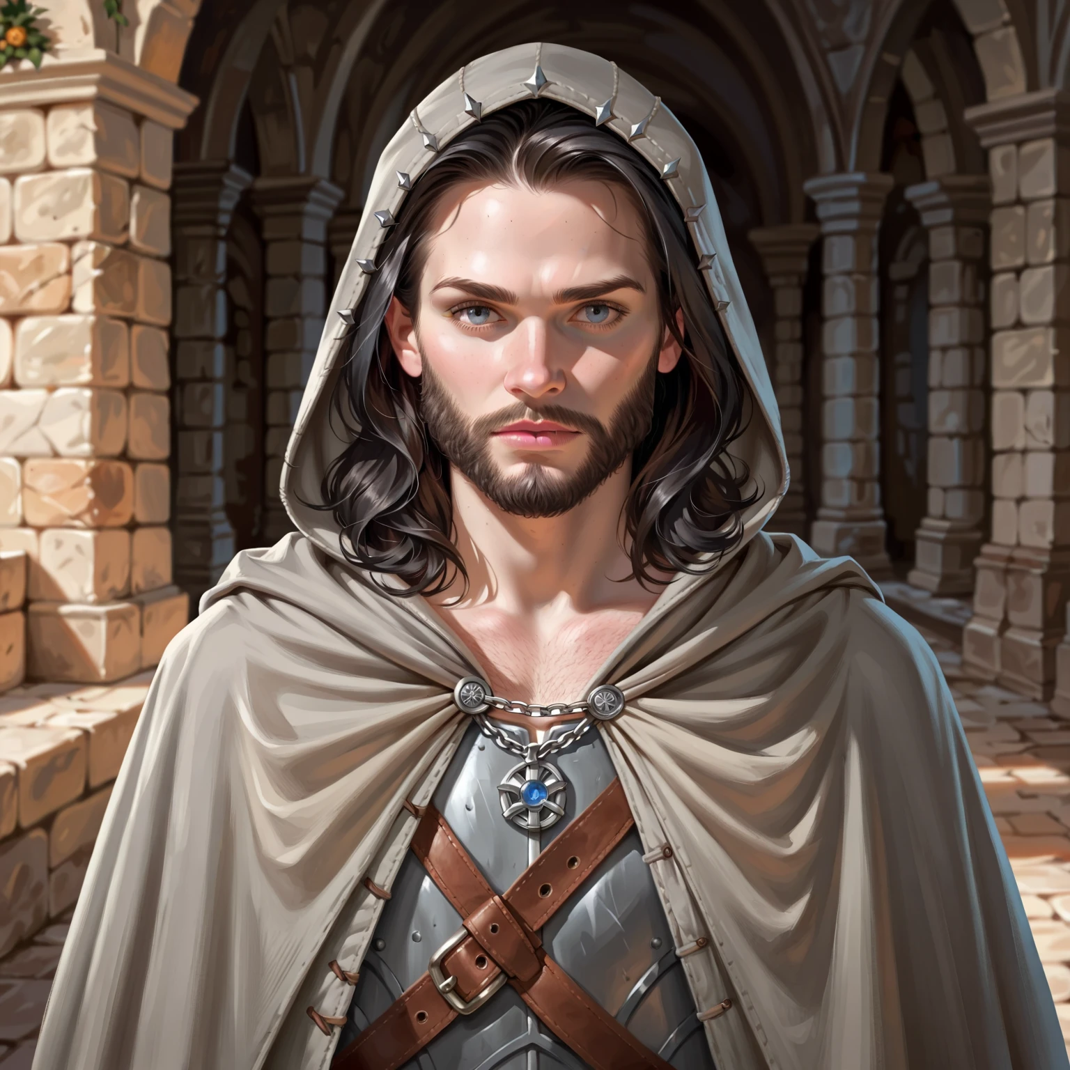 Portrait of a (male) human ranger, front view, (medium shot:1.3), one person standing, tall and slender build, (long black hair and beard:1.3)
BREAK
grey eyes
BREAK
pale skin
BREAK
wearing fantasy world costume of a (grey hooded cloak:1.5) over (tan leather:1.1) armor over (grey fantasy clothing:1.5), realistic background of a fantasy world, (Dungeons_and_Dragons:1.2), (Game_of_Thrones), castle stone ruin, realistic, (photorealistic:1.3), light reflection