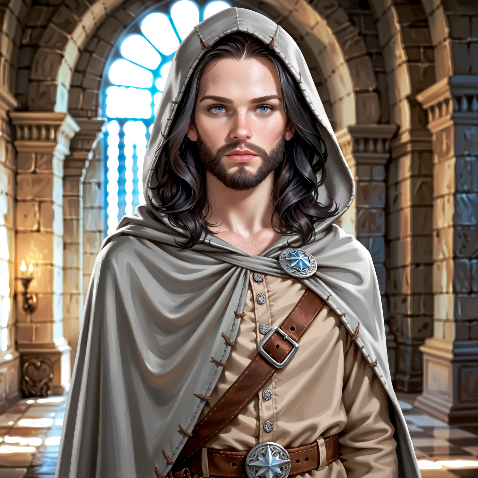 Portrait of a (male) human ranger, front view, (medium shot:1.3), one person standing, tall and slender build, (long black hair and beard:1.3)
BREAK
grey eyes
BREAK
pale skin
BREAK
wearing fantasy world costume of a (grey hooded cloak:1.5) over (tan leather:1.1) armor over (grey fantasy clothing:1.5), realistic background of a fantasy world, (Dungeons_and_Dragons:1.2), (Game_of_Thrones), castle stone ruin, realistic, (photorealistic:1.3), light reflection