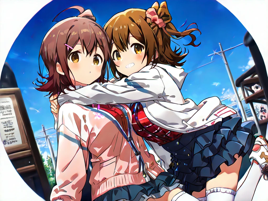 2 girls, delicate, face focus, masterpiece, masterpiece,best quality,2girls,leaning on each other,upper body,blue sky, AND 2girls,leaning on each other, Highest quality, 2 people girls, 2 people only, 2 people, (hug), chest to check, looking at viewer, 
White Background, Flat Color, sketch
(masterpiece、Highest quality、Very detailed)), smile, looking viewer,
BREAK
(((cute, kasuga mirai, brown hair, yellow eyes, white hoodie, red check shirt, blue denim skirt))), 
BREAK
(((hanami ume, brown eyes, brown hair,medium hair, hair bun,ahoge,school uniform, cardigan,dress shirt,layered skirt,white thighhighs,sneakers cute, Large Breasts))), 
