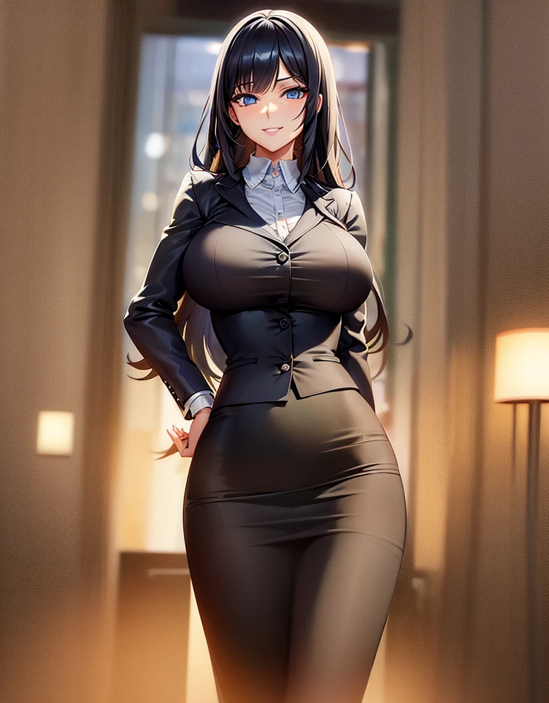 ((masterpiece, best quality, ultra-detailed)), 1girl, beautiful business woman in office building, smiling, blush, wearing pink blouse and blazer, bracelet, necklace, black midi pencil skirt, black suit skirt, heels, full body, purple hair, hand on hip, office building, office desk, wall, window