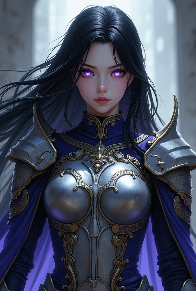 A woman with black hair and purple eyes, Armored, El Sword, The shield and bow of the goddess of the cosmos.Bare Skin,Eros