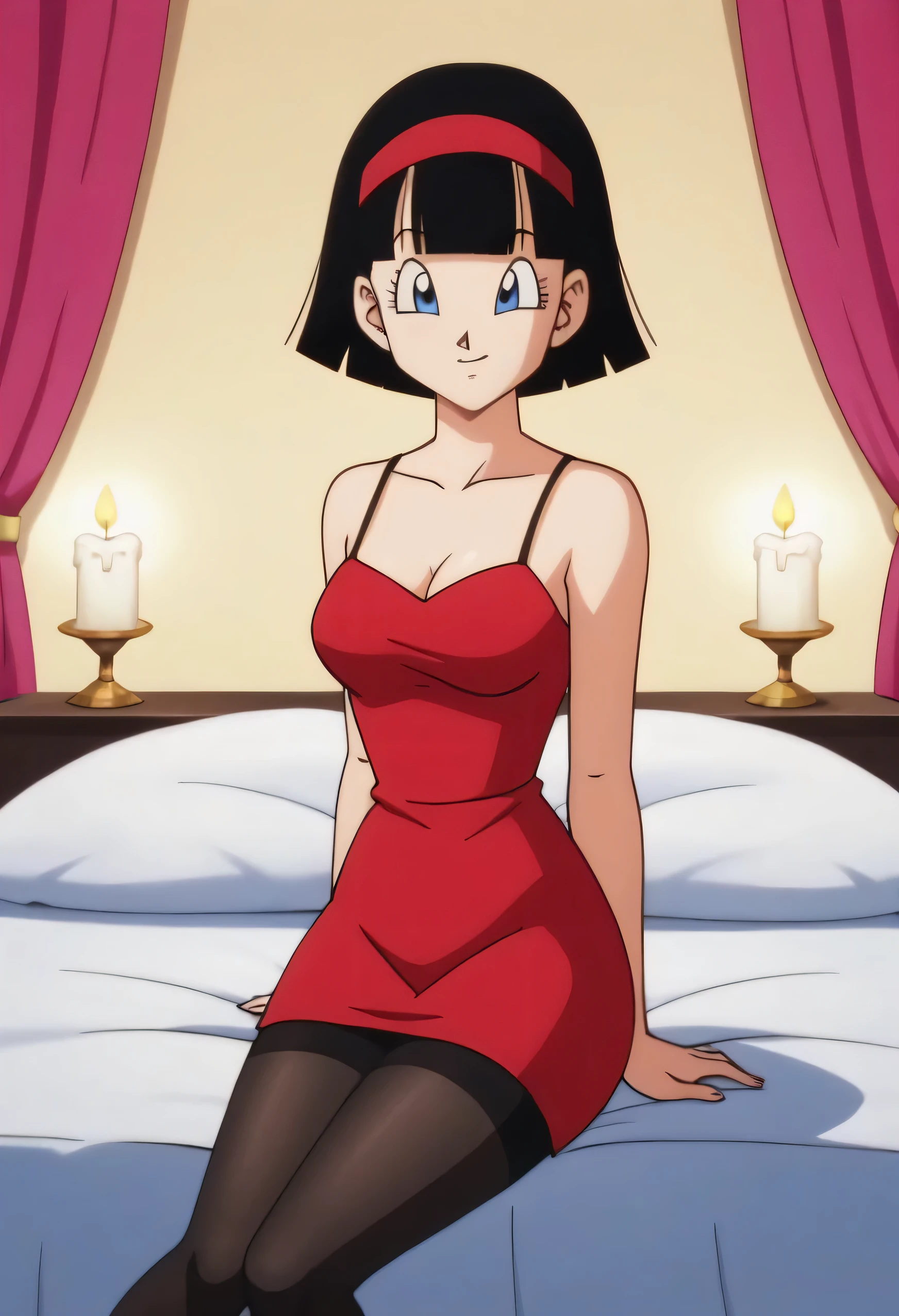 masterpiece, best quality, nsfw, very aesthetic, absurdres, anime artwork, anime style, highly detailed, 1990s \(style\),
BREAK 1girl, solo, Sailor Saturn XL, bob cut, black hair, purple eyes, big eyes, collarbone, spaghetti strap, skin tight black dress, sleeveless, small breast, skinny,
BREAK looking at viewers, smile, blush, open mouth, indoors, love hotel, bed room,