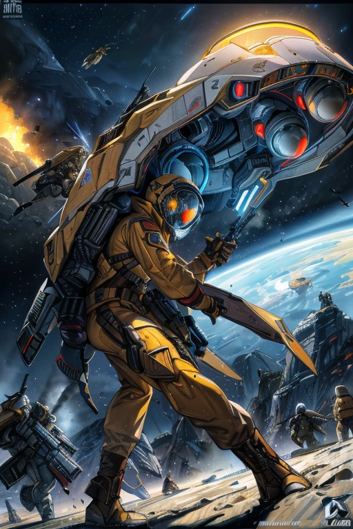 best quality, masterpiece, photorealistic, elaborate details:1.2), A vibrant oil painting of a futuristic dropship together with military soldiers undergoing a "high altitude low opening" drop over a terra-formed planet reminiscent of the planet venus; the futuristic bullet shaped dropship and the soldiers are in dynamic motion, with colorful, high-contrast, and sharp details against an alien sky with strange yellow and red colors. The full-body shot captures the soldier in action, with other soldiers and the drop ship in the background, shot from a low angle. The soldiers are wearing futuristic military spacesuits of silver gray.  1980's style sci fi painting