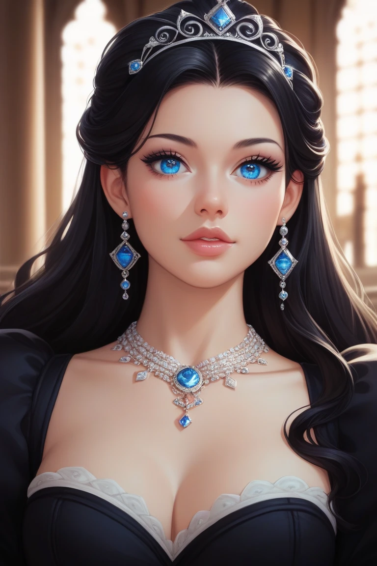  a woman like a 20-year-old princess, beautiful with beautiful eyes :1.2, detailed eyes, bright blue eyes,  long straight black hair , beautiful full lips , highly detailed eyes and faces,  Long eyelashes,  cute but serious expression ,  session:1.4,  background of a palace , warm light,  lighting and detailed shadows ,  anime style , 8K, Hi-Nothing,  Masterpiece:1.4,  bright colors, wearing an elegant black princess dress with long sleeves and that looks innocent. She is not wearing a crown ,  only a small tiara and a necklace 