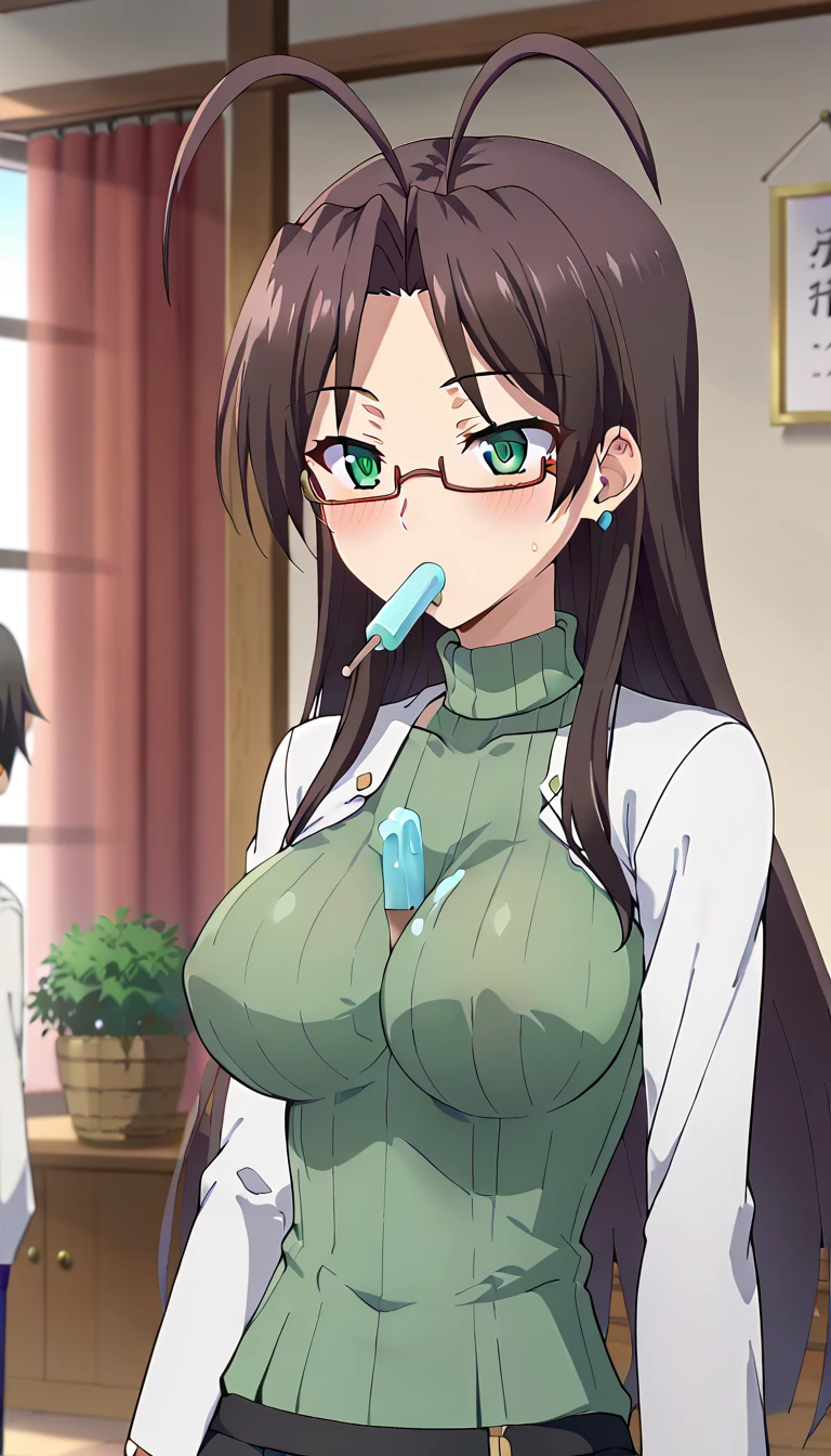 score_9、score_8_up、score_7_up、source_anime、長谷川Senri、 mature woman、 1 girl、 expression of shame、 squinting、 brown hair 、 green eyes、 hair like antennae 、 long hair、Semi-rimless glasses、Senri、I can take off my white coat 、 seen from the front、Green Sweater、 turtleneck 、Chest、 garter strap、 black knee socks 、 black skirt 、 pencil skirt 、 lace panties 、 looking at the viewer 、indoor、Health Room、Bed in the background、White curtain in the background、blush、 upper body、 Pizuri、動きだけ Pizuri、 and put a white popsicle between my breasts