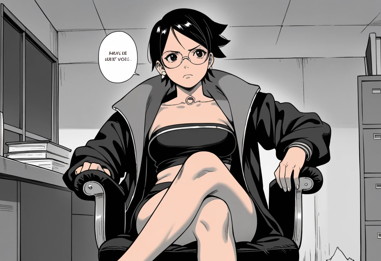 monochrome, manga_source, best background, detailed background, manga, grayscale, uchiha sarada, boruto_two_blue_vortex, post timeskip, Uchiha_sarada, solo, chair, sitting, crossed legs, Disappointed   black hair, short hair, glasses, beautiful body, medium breasts, sexy legs, mikio ikemoto style, crop_top, open coat, bottomless, empty bubble speech, hokage's office, 