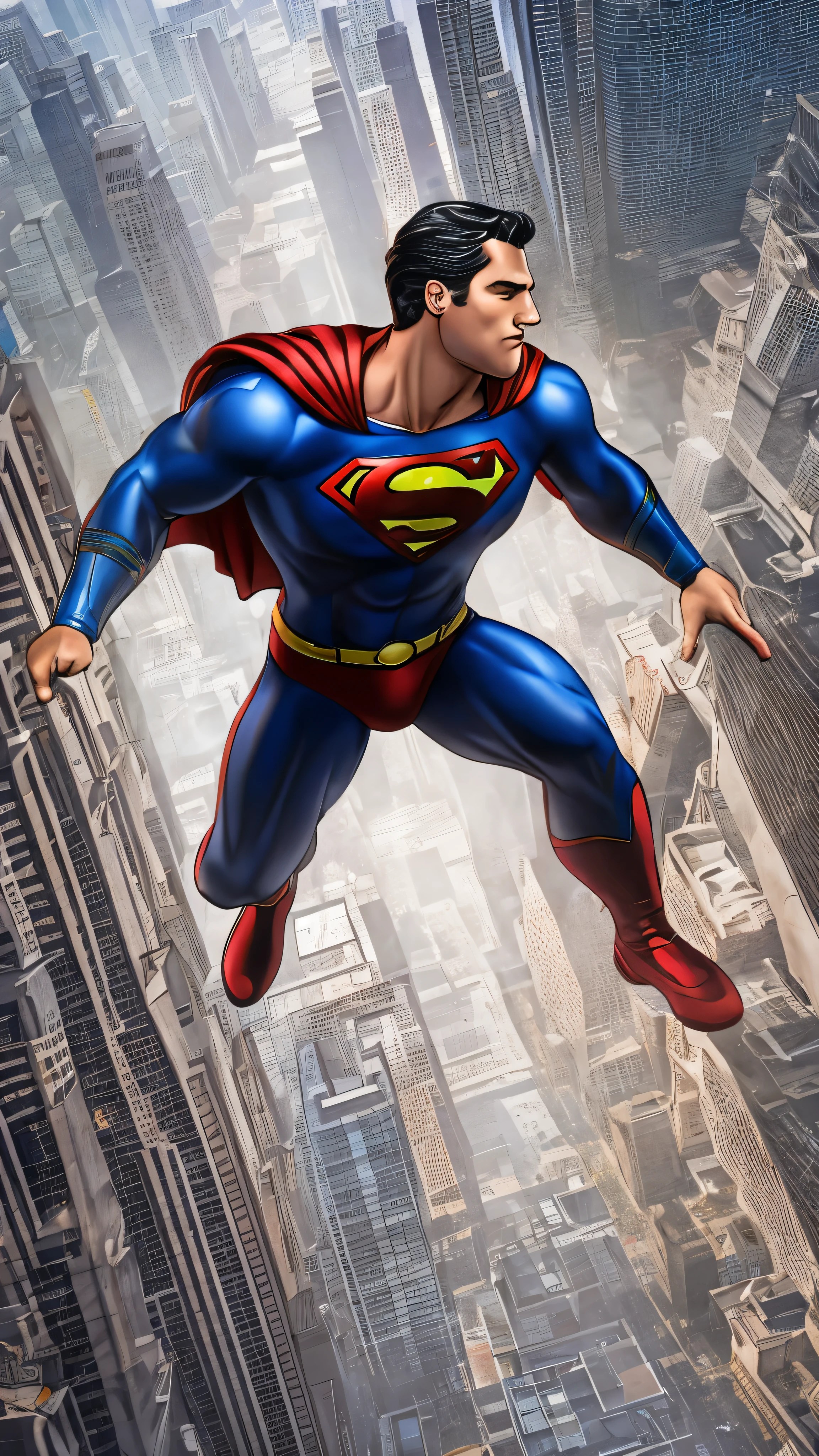  full body high definition image ， Detailed Superman Falling from the Sky、 Cyberpunk,( realistic image ),1 person,Physical Wonders , Cybernetic Guardian ,  as Superman ,  complicated, (Steel Metal ）,  elegant ,  clear focus,  Photographed by Greg Rutkowski , illumination,  bright colors , masterpiece, ((street)),  dynamic pose,