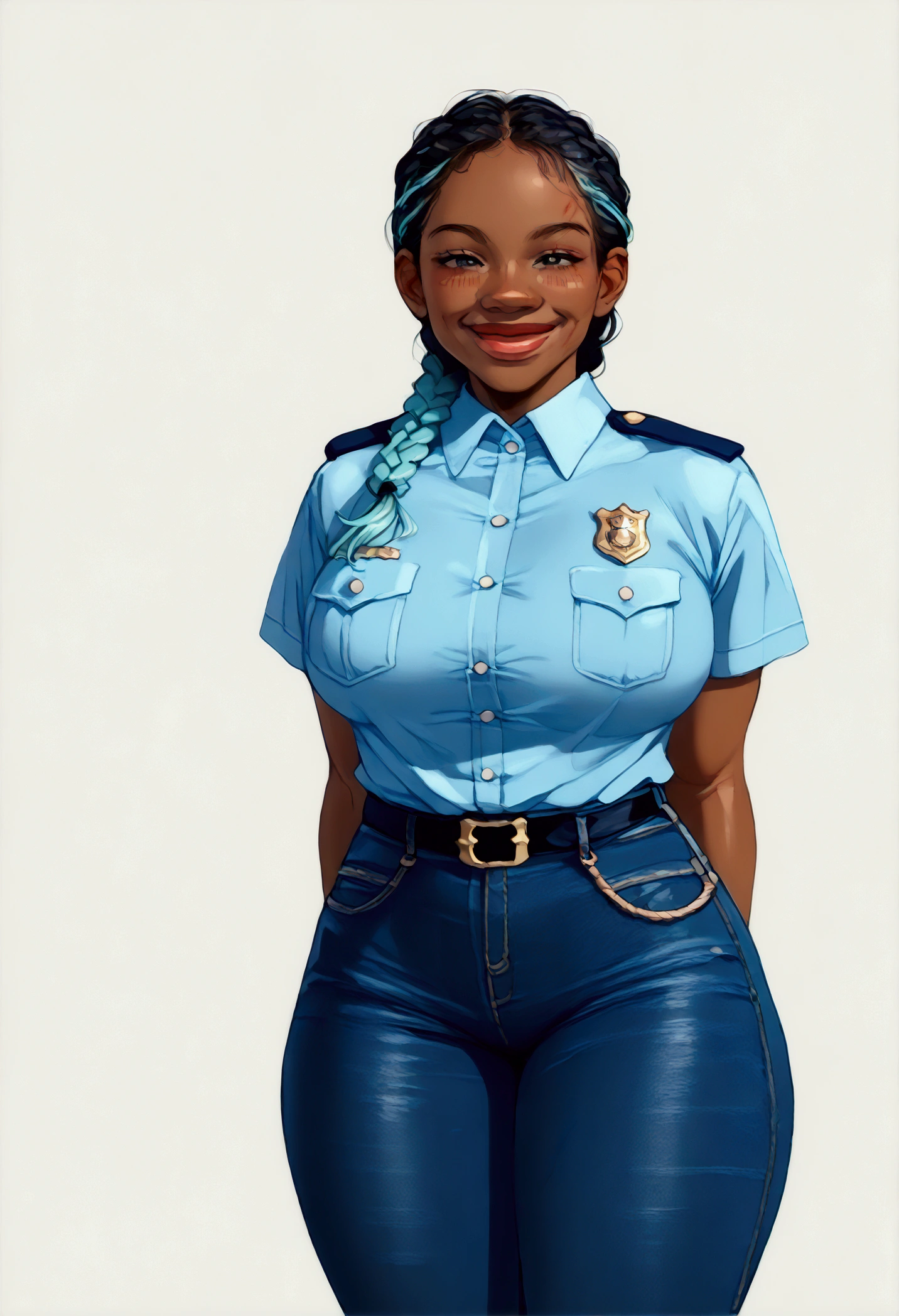 ((masterpiece)),(((ultra high quality))),(illustration,1woman, environment Scene change, (long braided hair:1.4),((modern police officer:1.5)), muscular woman with huge breasts, curvy hips, black legs, thick thighs, (dark skin:1.3)scribbles and marks, light blue shirt,tight police jeans ((detailed face:1.1, smiling)), rough sketches, (detailed lips:1.4), pose too, ((black hair:1.2, turquoise highlights:0.25)), (police officer outfit:1.3) , 8k,16k, (simple background, light background: 1.3)