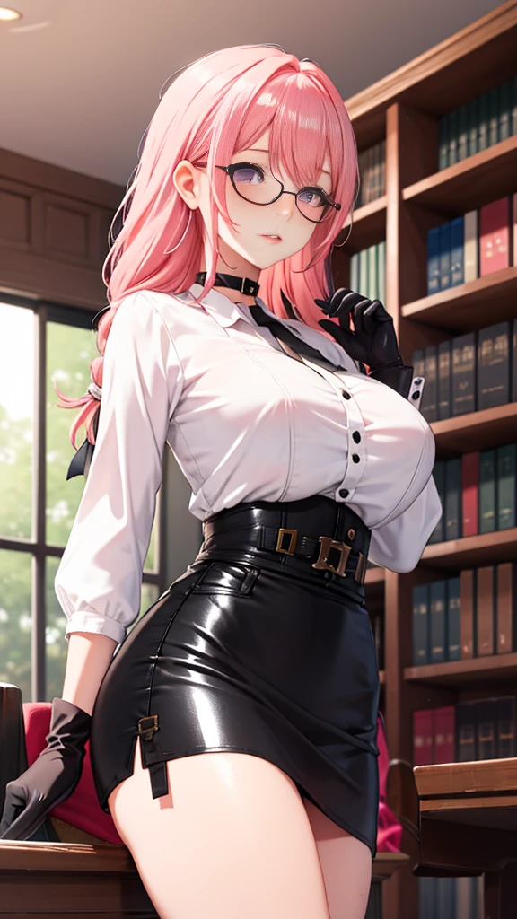 1 girl, Yanagi Tsukishiro , Alone, standing,  dynamic pose ,  beautiful breasts , sensual lips,  pink hair,  seen from the front,  looking at the spectator,  beautiful eyes , detailed eyes, purple eyes, simple samurai shoulder pad , glasses,  choker :1.6, ( black gloves),  shiny high waist mini skirt,  white shirt with ,  dark green neck strap,  shy expression , Gothic style library ,  dark gothic style 