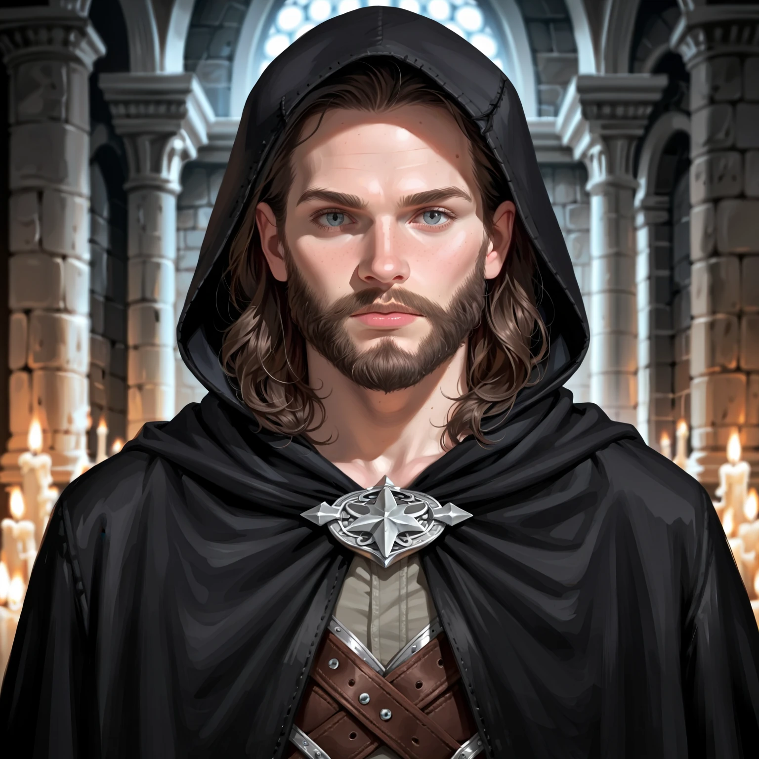 Portrait of a (male) human ranger, front view, (medium shot:1.3), one person standing, tall and slender build, (long black hair and beard:1.3)
BREAK
grey eyes
BREAK
pale skin
BREAK
wearing fantasy world costume of a (dark grey hooded cloak:1.5) over (tan leather:1.1) armor over (grey fantasy clothing:1.5), realistic background of a fantasy world, (Dungeons_and_Dragons:1.2), (Game_of_Thrones), castle stone ruin, realistic, (photorealistic:1.3), light reflection