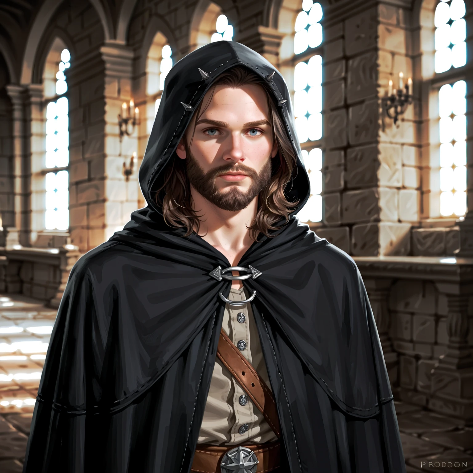 Portrait of a (male) human ranger, front view, (medium shot:1.3), one person standing, tall and slender build, (long black hair and beard:1.3)
BREAK
grey eyes
BREAK
pale skin
BREAK
wearing fantasy world costume of a (dark grey hooded cloak:1.5) over (tan leather:1.1) armor over (grey fantasy clothing:1.5), realistic background of a fantasy world, (Dungeons_and_Dragons:1.2), (Game_of_Thrones), castle stone ruin, realistic, (photorealistic:1.3), light reflection